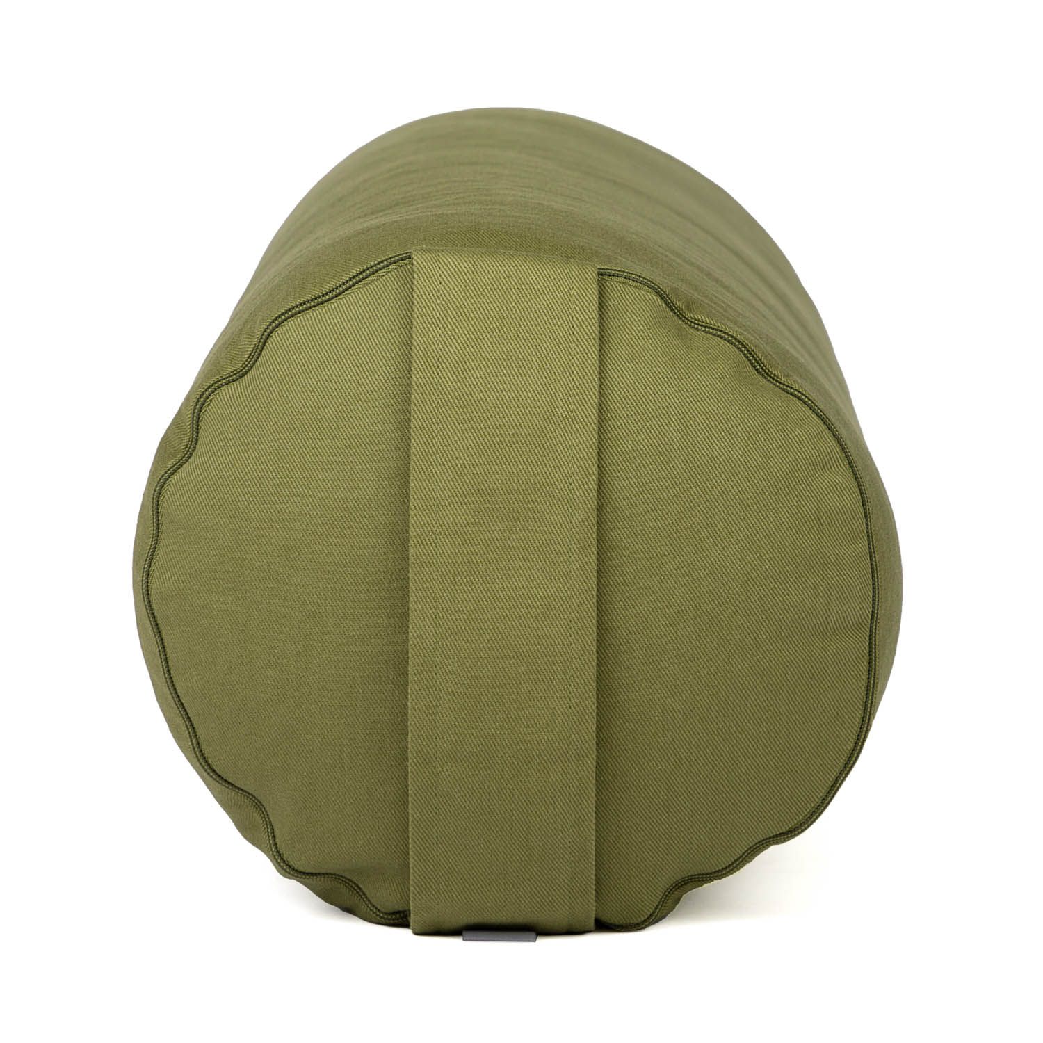 Rundes Yoga-Bolster, olivgrün. Kissen mit Stoffbezug und Trageschlaufe. Nahtdetails.