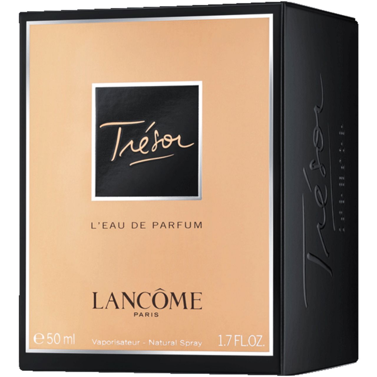 Schwarzer Karton, goldfarbene Front. Aufschrift: Trésor, L'Eau de Parfum, Lancôme. Volumen: 50 ml, 1.7 FL.OZ.