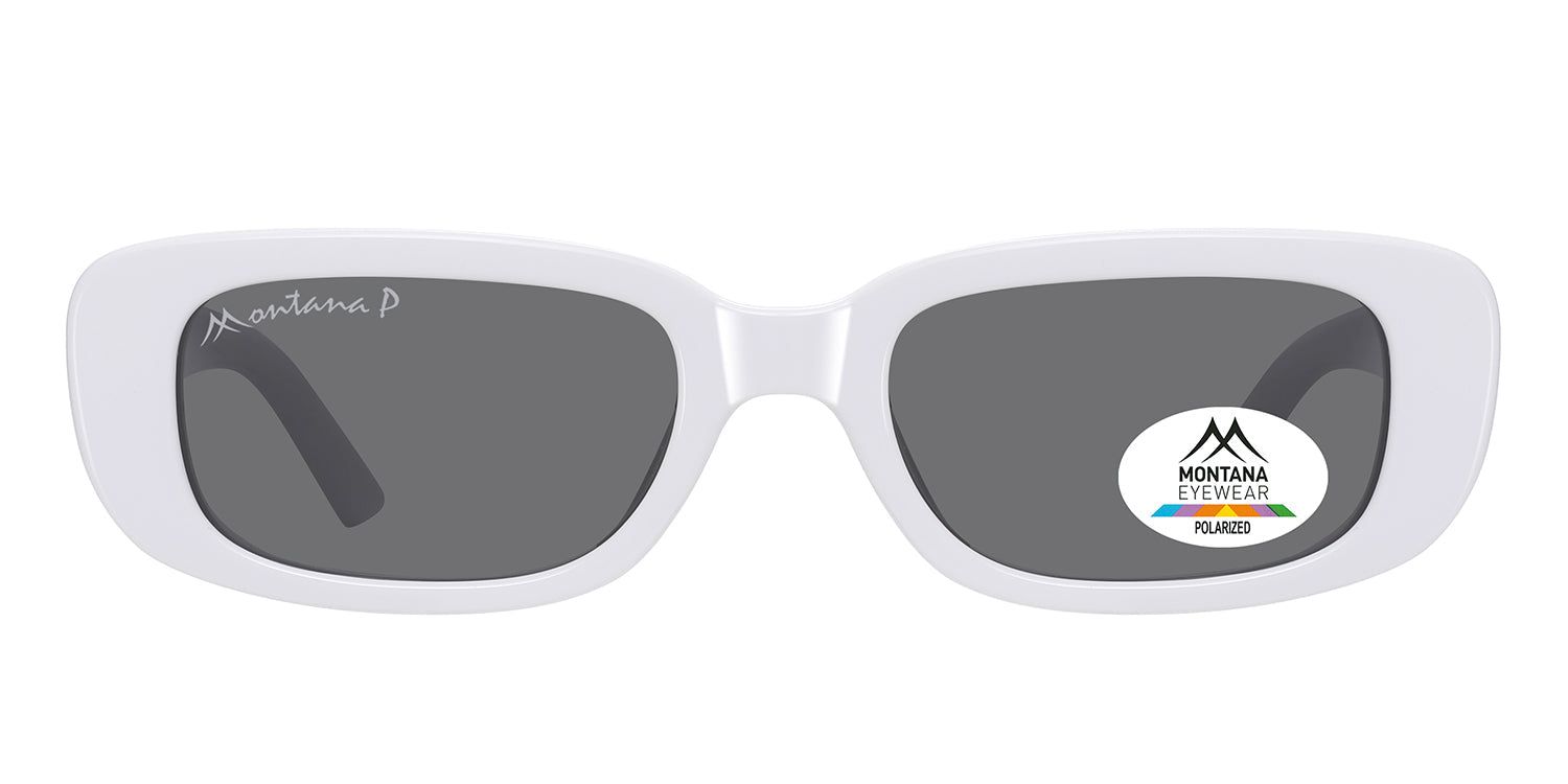 Sonnenbrille mit weißem Rahmen und grauen Gläsern. Auf dem Glas befindet sich ein Logo mit der Aufschrift "Montana Eyewear Polarized".