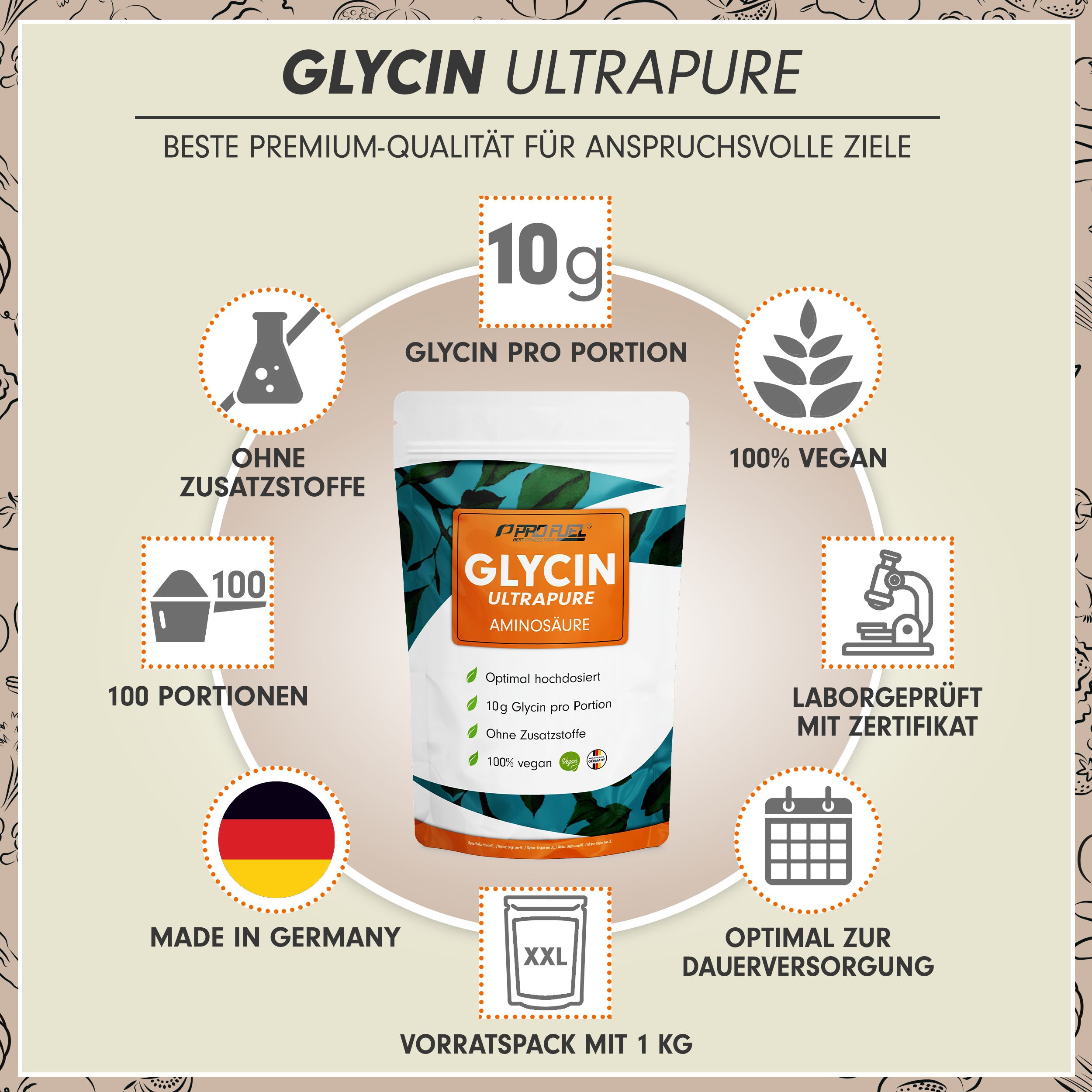 Produktverpackung mit Glycin-Pulver. Enthält 10g Glycin pro Portion, 100% vegan, ohne Zusatzstoffe. Laborgeprüft, hergestellt in Deutschland.