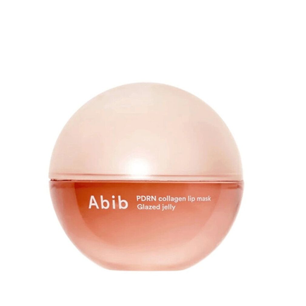 Abib PDRN Collagen Lippenmaske Glazed Jelly in runder, transparenter Dose mit rosa Deckel.