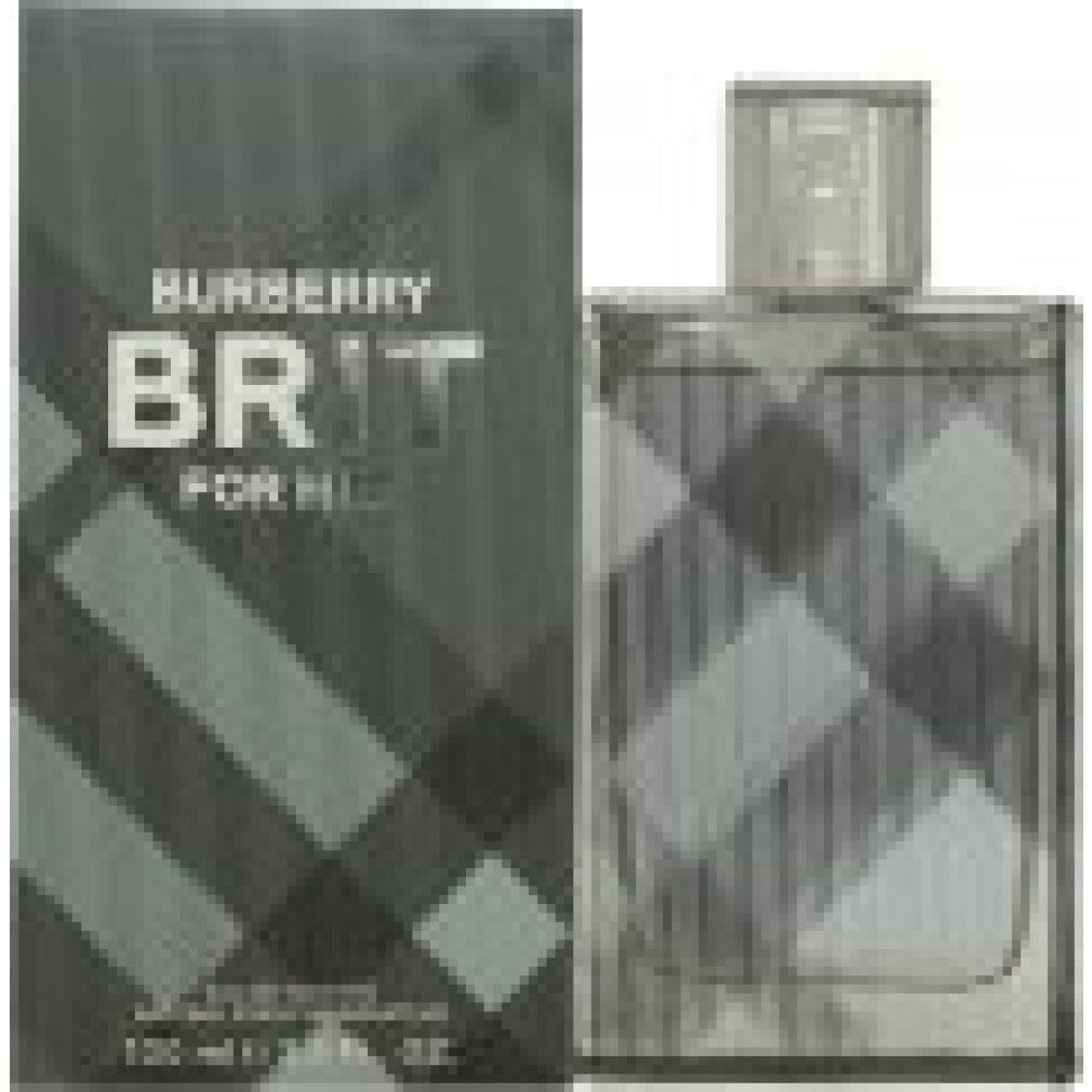 Burberry Brit for Him Eau de Toilette Flakon und Verpackung. Kariertes Muster. Rechteckige Flasche mit Sprühkopf.
