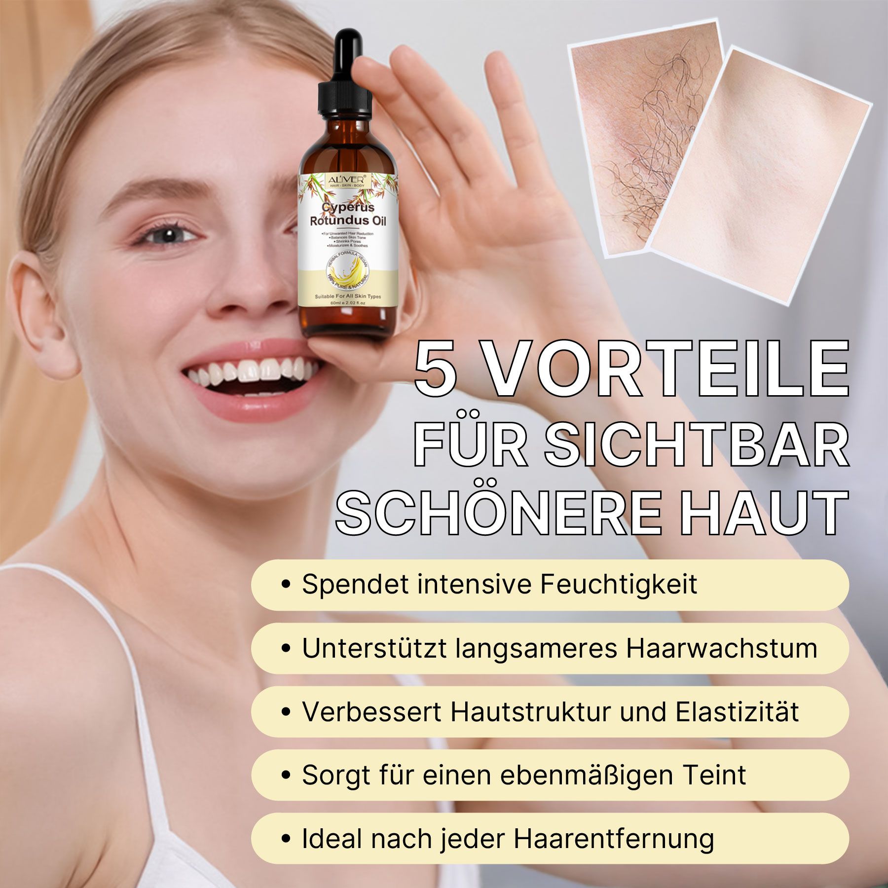 Frau hält eine Flasche Cyperus Rotundus Oil. Neben ihr sind zwei Bilder von Achseln, eine mit und eine ohne Haare.