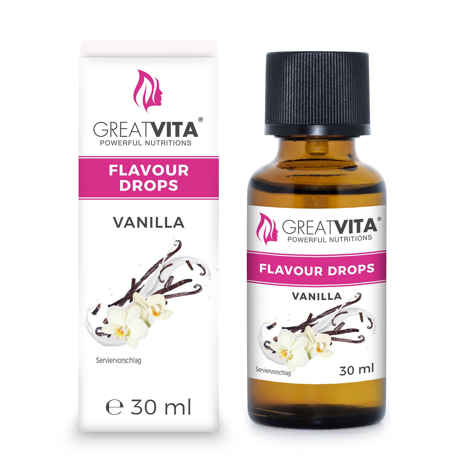 Braune Glasflasche und Karton mit Produkt GreatVita Flavour Drops. Aufschrift: FLAVOUR DROPS, VANILLA. Abbildung von Vanilleschoten und Blüten. 30 ml.