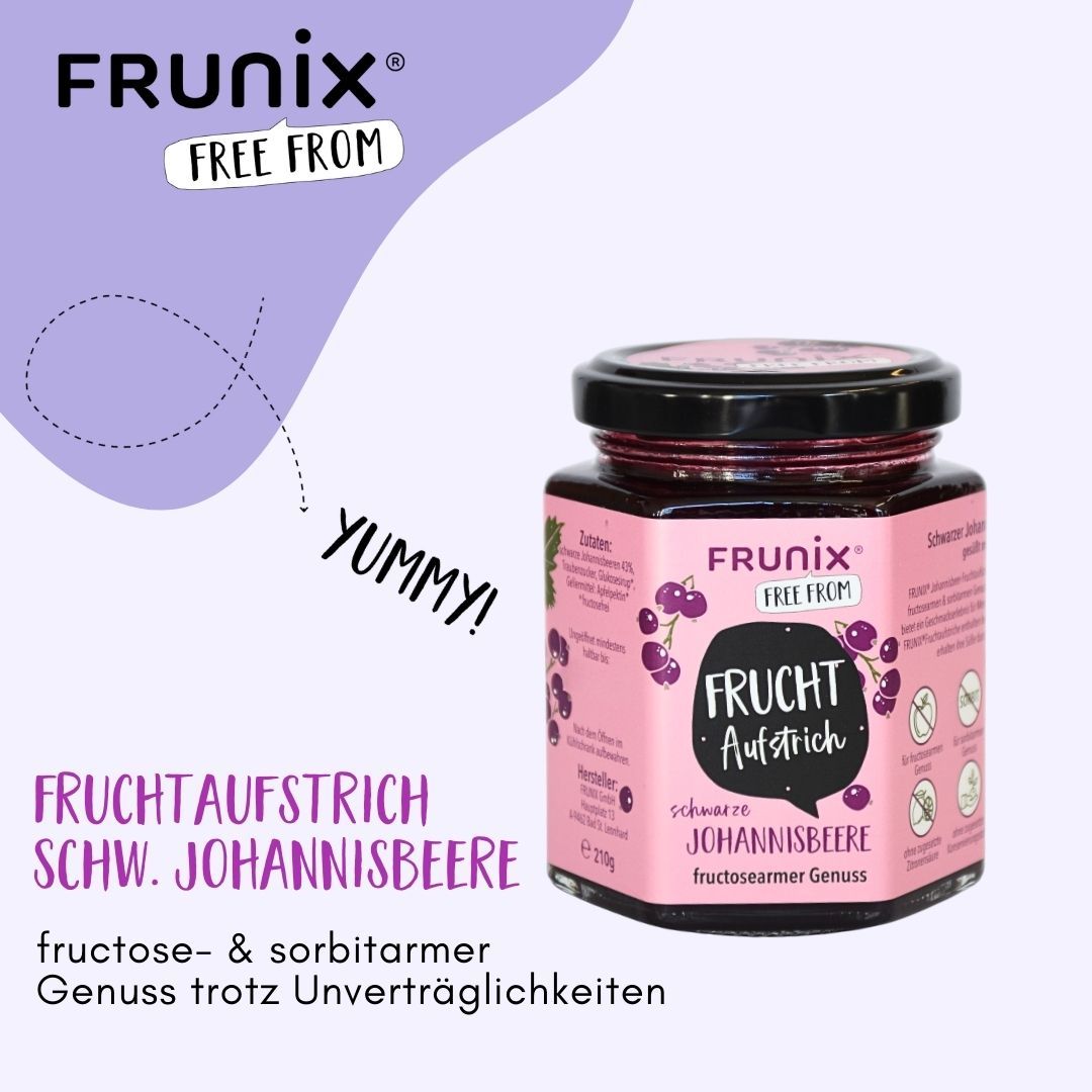 Glas FRUNIX® Fruchtaufstrich, schwarze Johannisbeere, fructosearm. Rosa Etikett, schwarzer Deckel. Text: FRUNIX® FREE FROM, FRUCHT Aufstrich, fructosearmer Genuss.