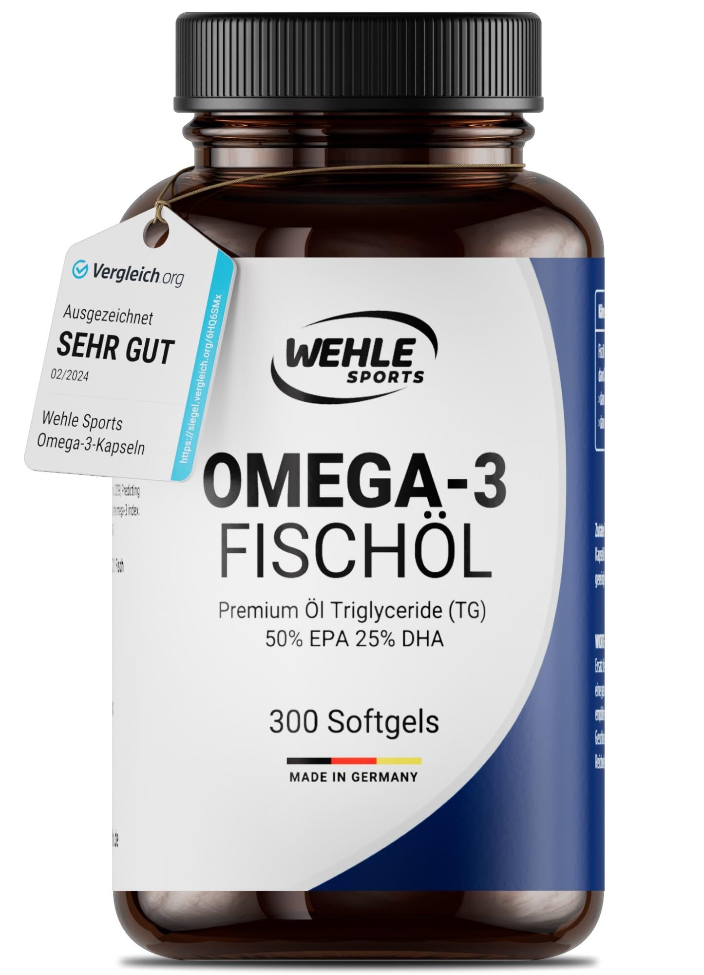 Braune Flasche mit schwarzen Deckel. Etikett mit "WEHLE SPORTS OMEGA-3 FISCHÖL". Anhänger mit "SEHR GUT" Auszeichnung.
