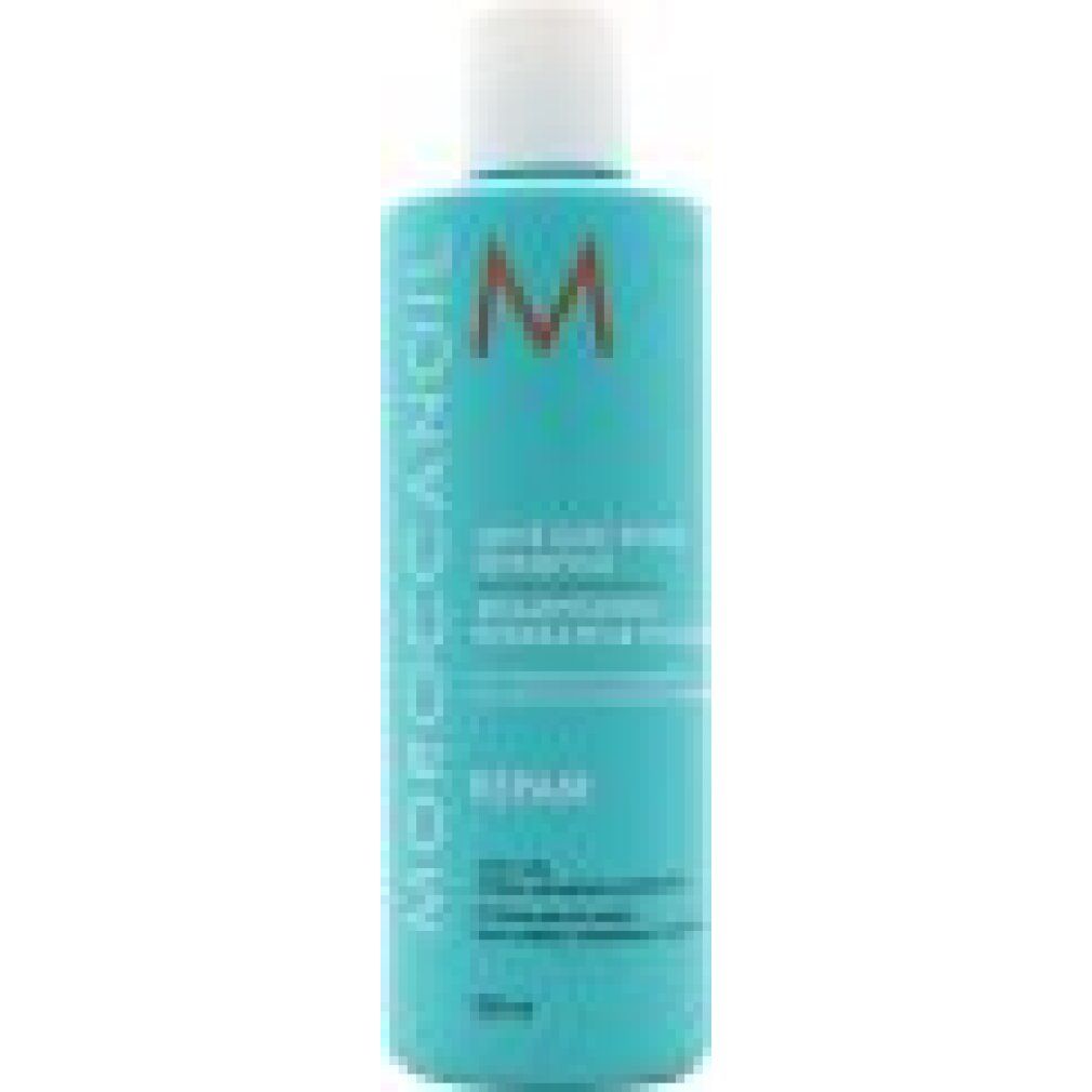 Türkisfarbene Flasche mit weißem Deckel. Aufschrift: Moroccanoil, Moisture Repair Shampoo, Repair. 250ml.