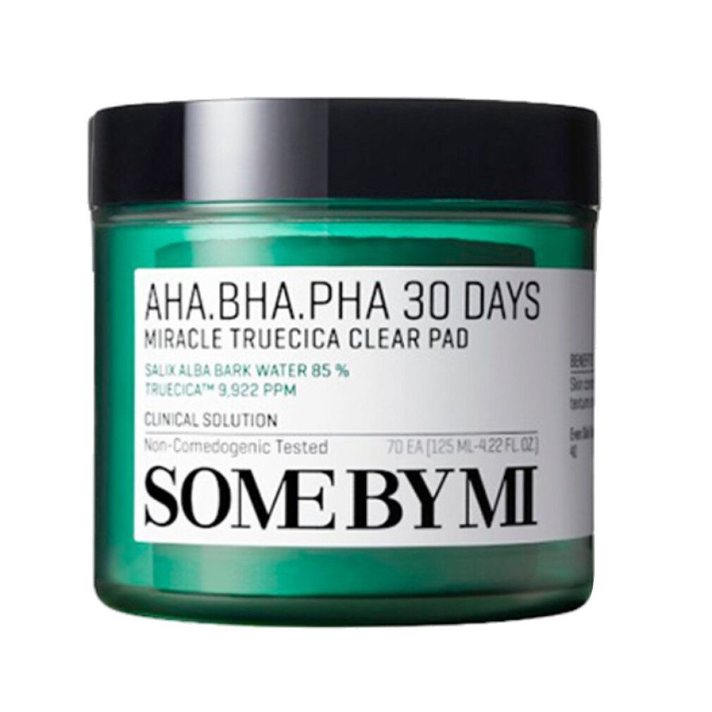 Grüne Dose mit schwarzem Deckel. Aufschrift: AHA.BHA.PHA 30 DAYS MIRACLE TRUECICA CLEAR PAD. Marke: SOME BY MI.