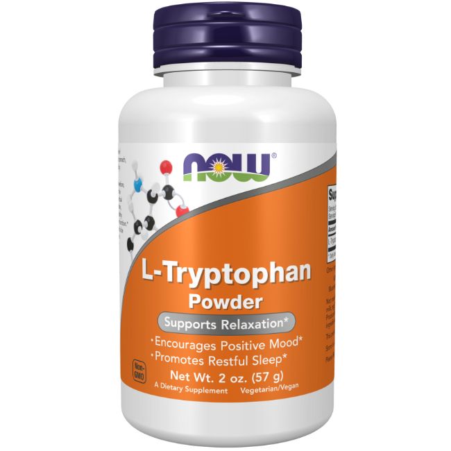 Now Foods L-Tryptophan Pulver in weißem Behälter mit orange-weißer Banderole. Enthält 950 mg.