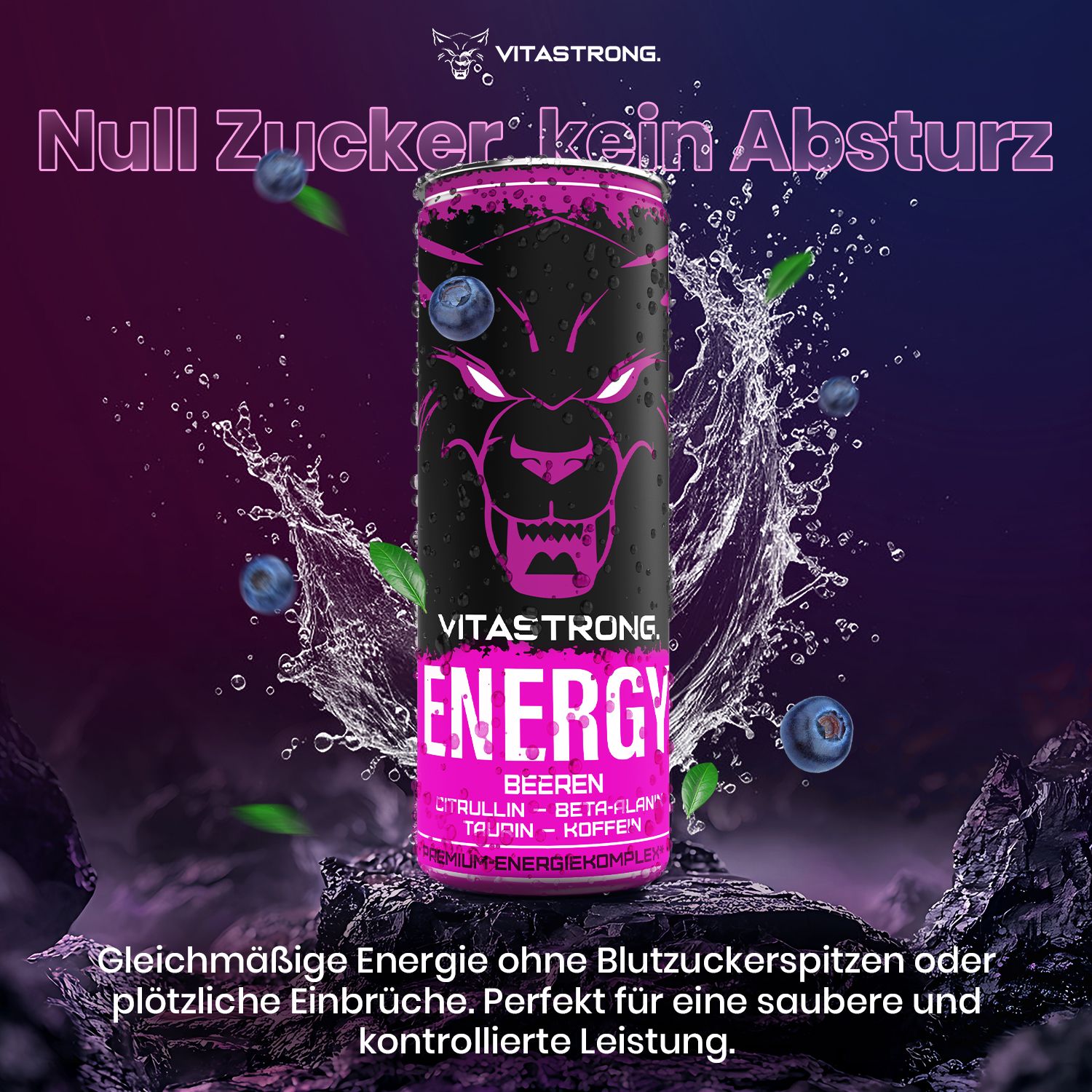 Vitastrong Energy Berries Dose. Lila Hintergrund mit Blaubeeren. Text: Null Zucker, kein Absturz.