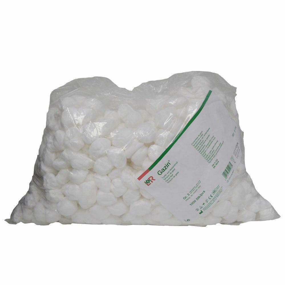 Beutel mit weißen Tupfern. Aufdruck: Gazin. Etikett mit Produktinformationen und Barcode.