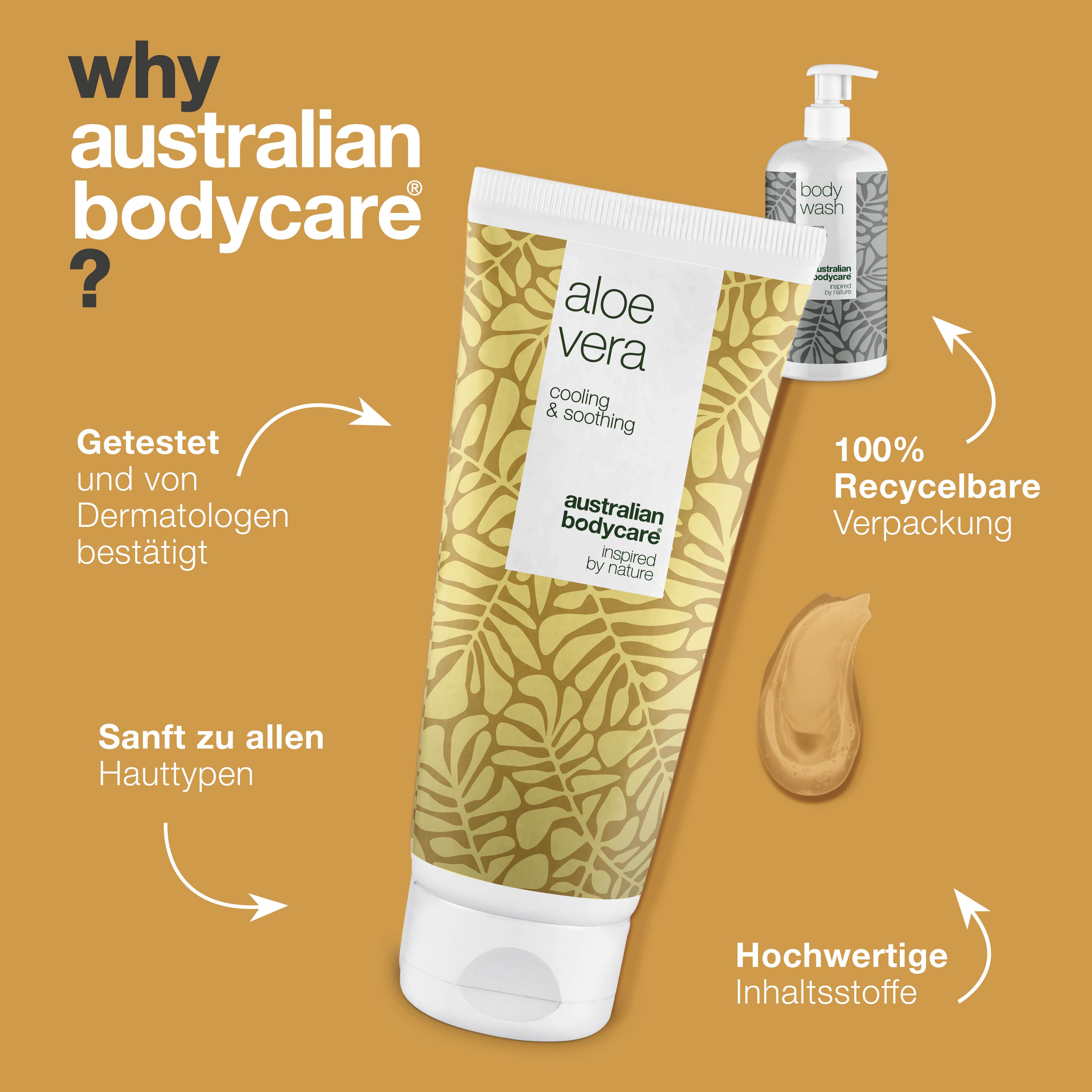 Aloe Vera Gel und Body Wash. Text: Warum Australian Bodycare? 100% recycelbar.