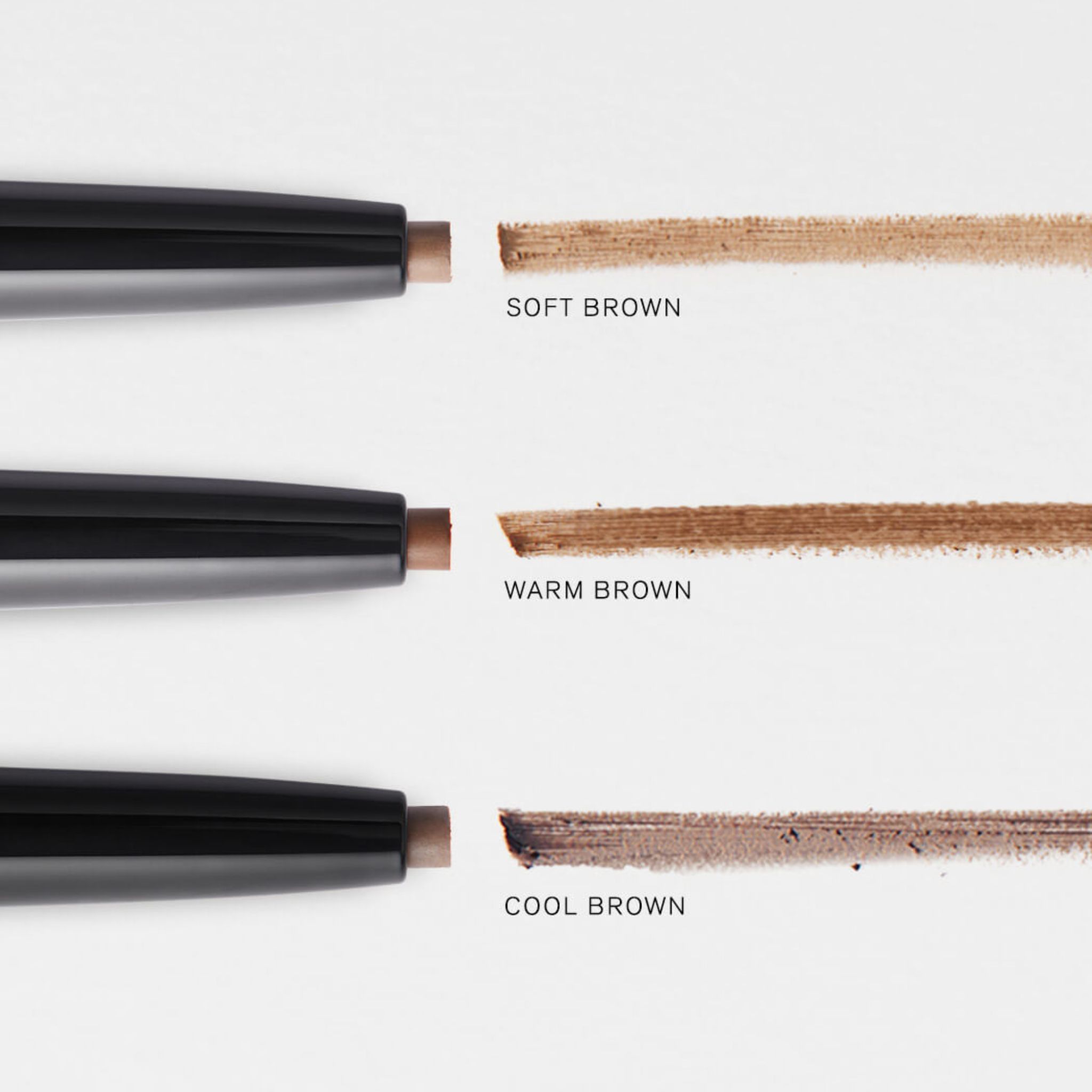 Drei RevitaLash Hi-Def Brow Pencil Spitzen und Farbabstriche: Soft, Warm und Cool Brown.