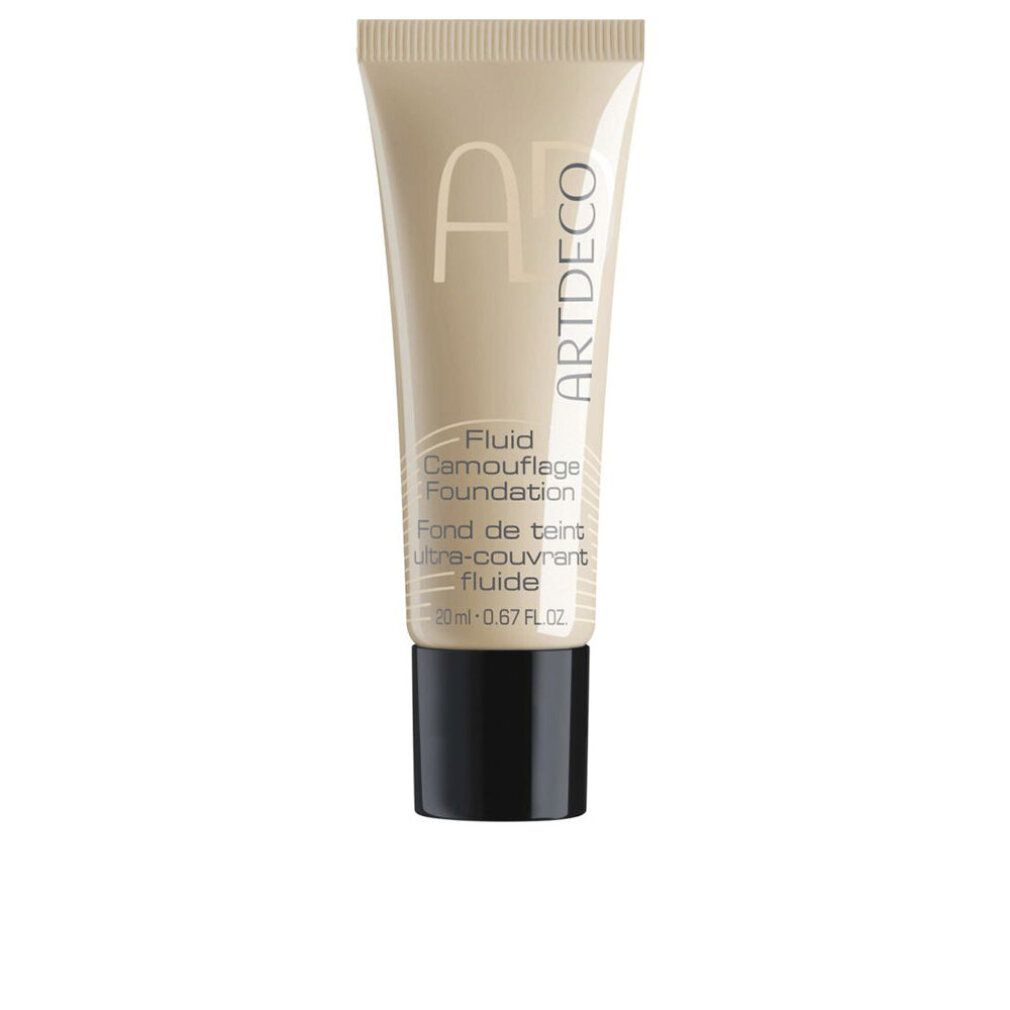 Beigefarbene Tube mit schwarzem Deckel. Aufschrift: ARTDECO, Fluid Camouflage Foundation, 20 ml.