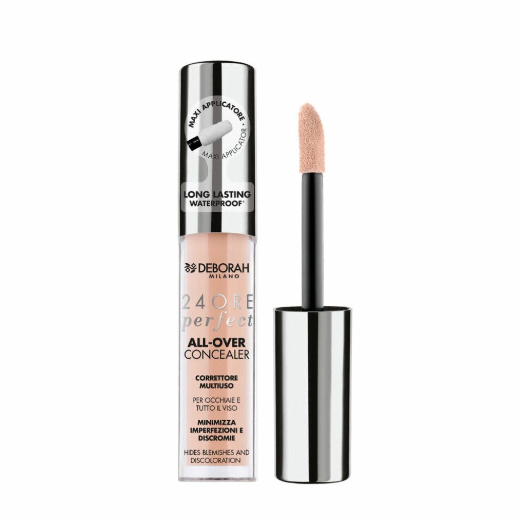 Concealer mit Applikator. Marke Deborah Milano. Text: 24Ore Perfect All-Over Concealer. Deckt Hautunreinheiten ab. Wasserfest.