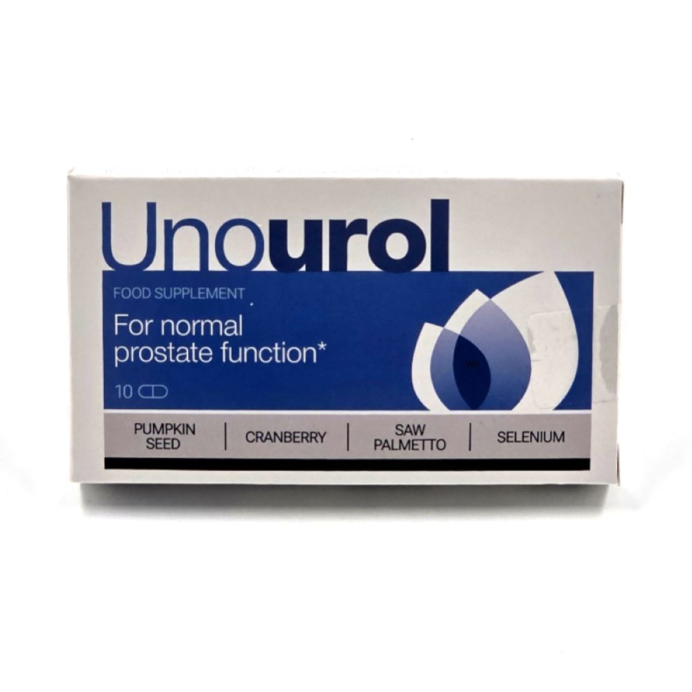 Schachtel mit "Unourol"-Kapseln. Aufschrift: "For normal prostate function". Enthält 10 Kapseln. Inhaltsstoffe: Kürbis, Cranberry, Sägepalme, Selen.
