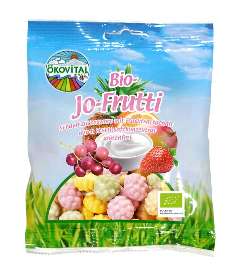 Verpackung mit Bio Jo-Frutti. Aufdruck mit Logo, Produktname, Fruchtbildern und Text. Grün-weißes Bio-Siegel.