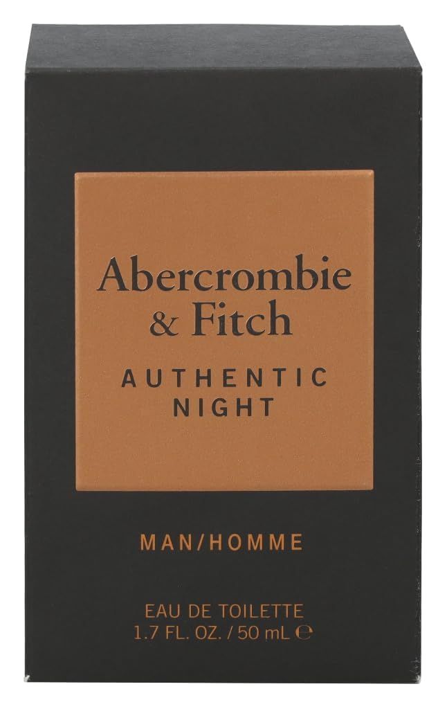 Schwarzer Karton mit braunem Etikett. Aufschrift: Abercrombie & Fitch, Authentic Night, MAN/HOMME, Eau de Toilette, 1.7 FL. OZ./50 ml.