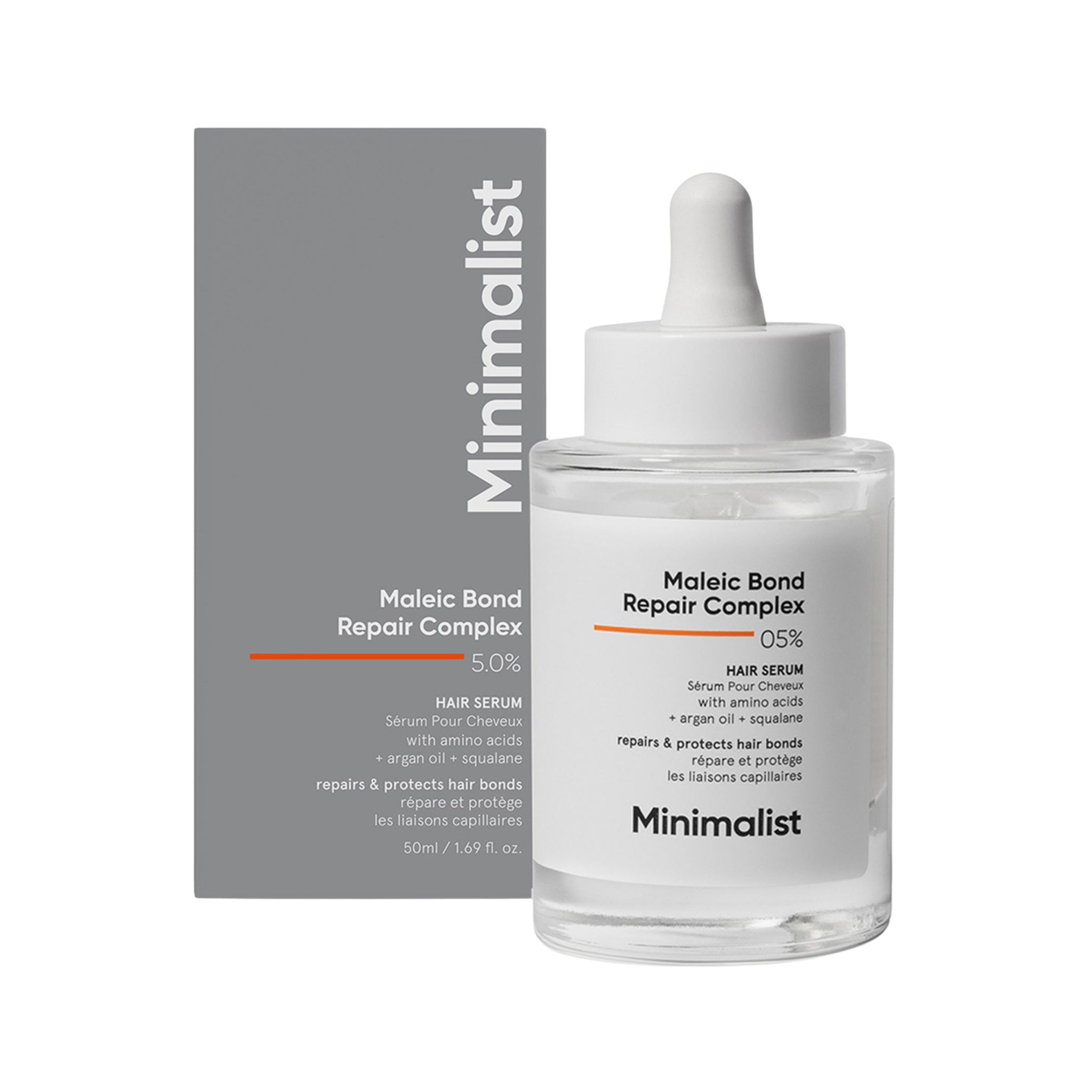 Flacon de sérum capillaire avec emballage. Inscription : Minimalist, Maleic Bond Repair Complex 05%, Hair Serum.