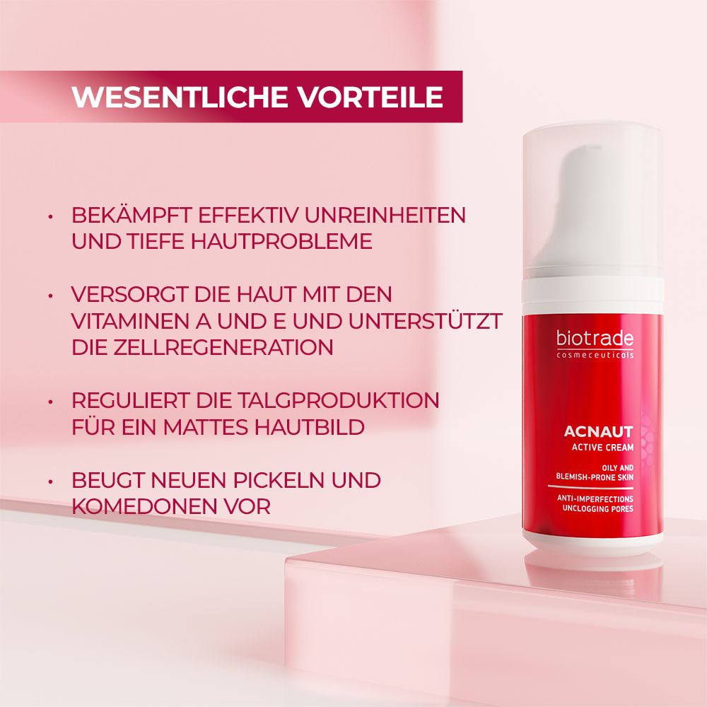 Produktflakon, rotes Etikett, Text: Acnaut Active Cream. Aufzählung: Bekämpft Unreinheiten, reguliert Talgproduktion.