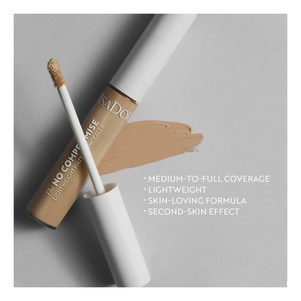 Concealer-Tube mit Applikator und Farbmuster. Text: Medium-to-full coverage, Lightweight, Skin-loving formula, Second-skin effect.