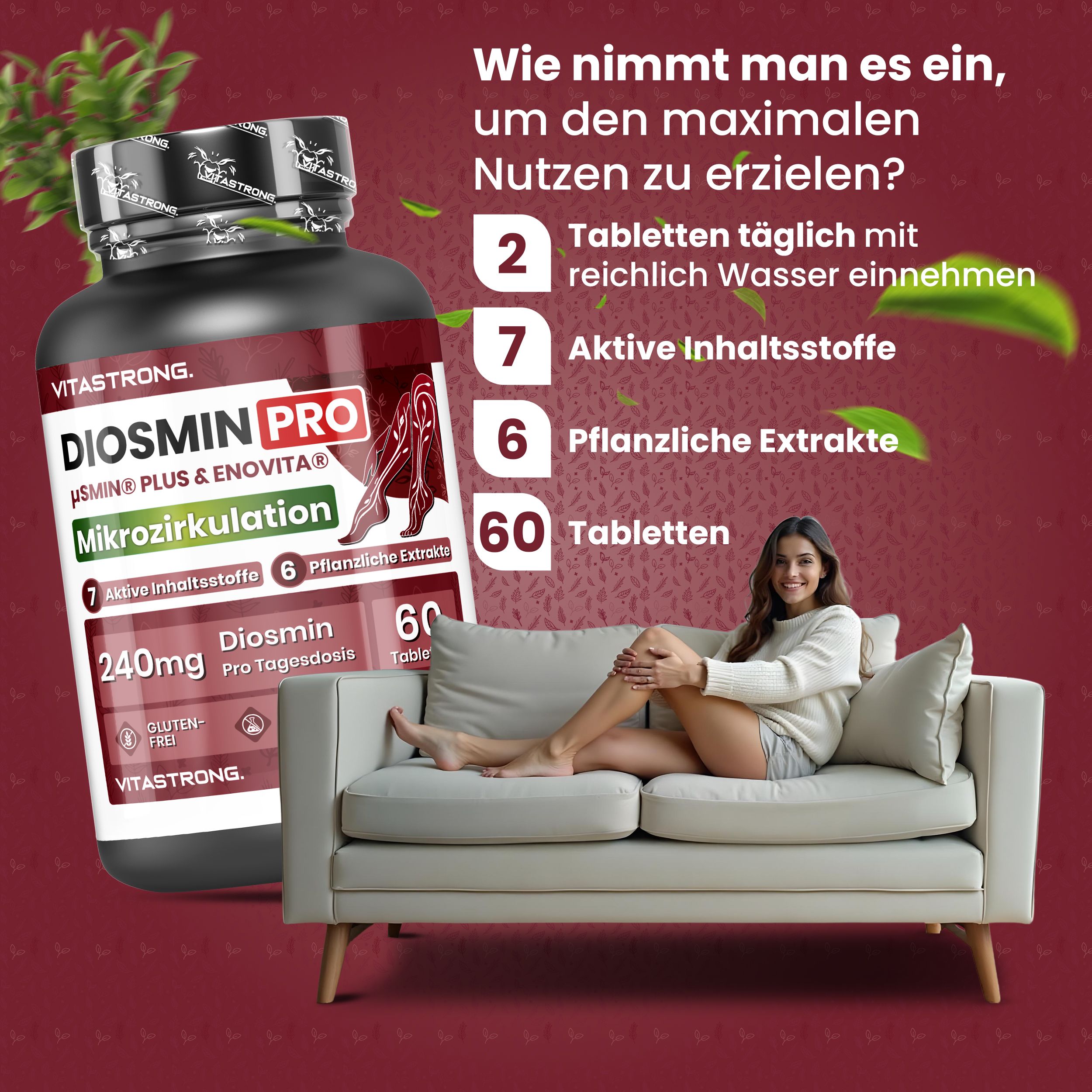 Vitastrong Diosmin PRO. Flasche mit Tabletten. Text: 7 Inhaltsstoffe, 6 Pflanzenextrakte, 240mg Diosmin, 60 Tabletten. Glutenfrei, ohne GVO.