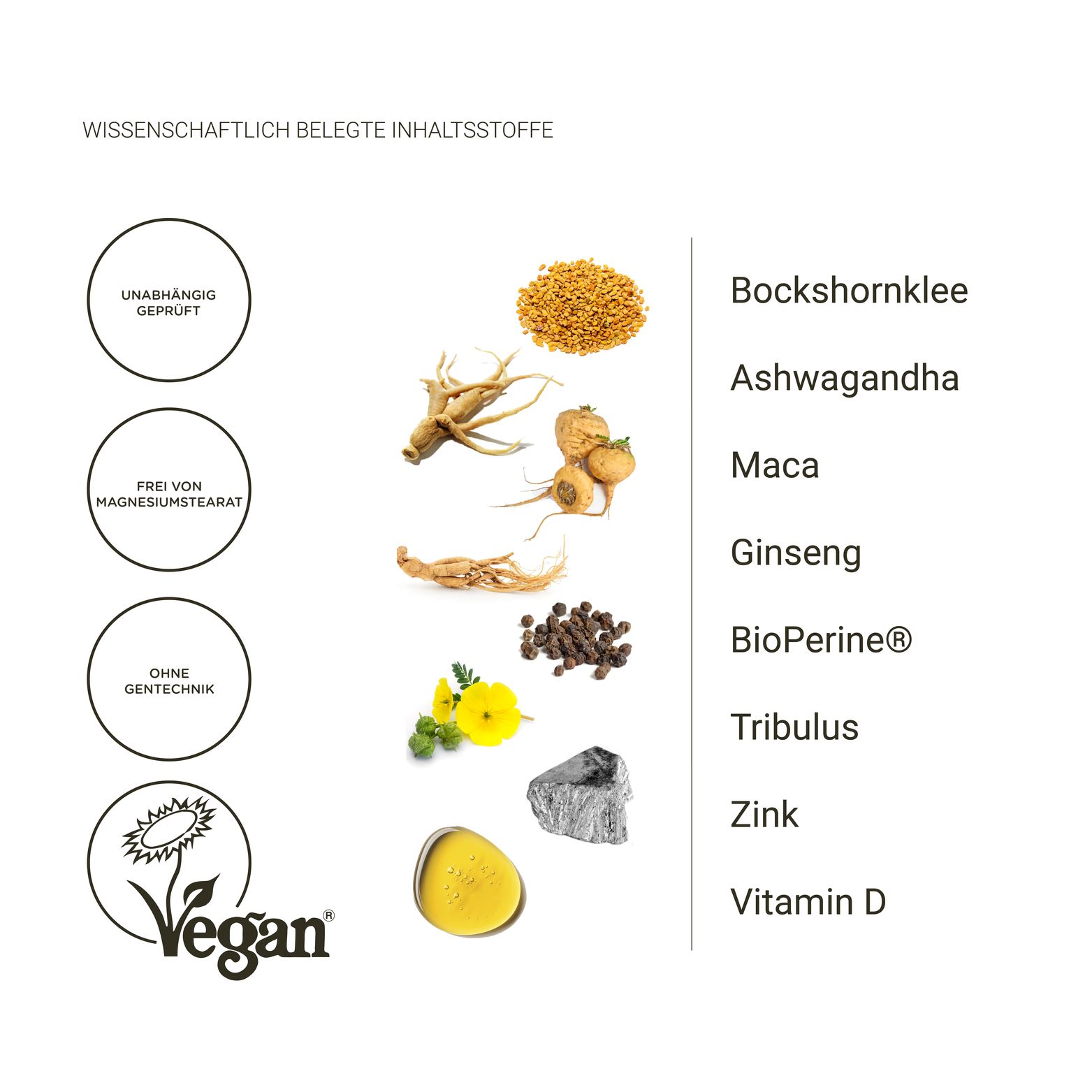 Verschiedene Zutaten: Bockshornklee, Ashwagandha, Maca, Ginseng, BioPerine, Tribulus, Zink, Vitamin D. Vegan-Logo.
