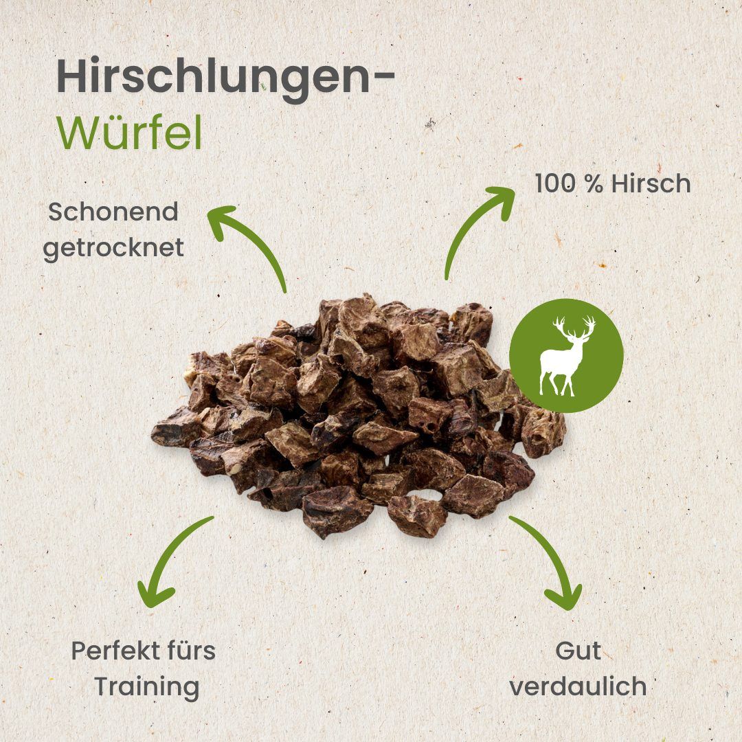 Hirschlungen-Würfel: 100% Hirsch, schonend getrocknet, gut verdaulich, perfekt fürs Training.