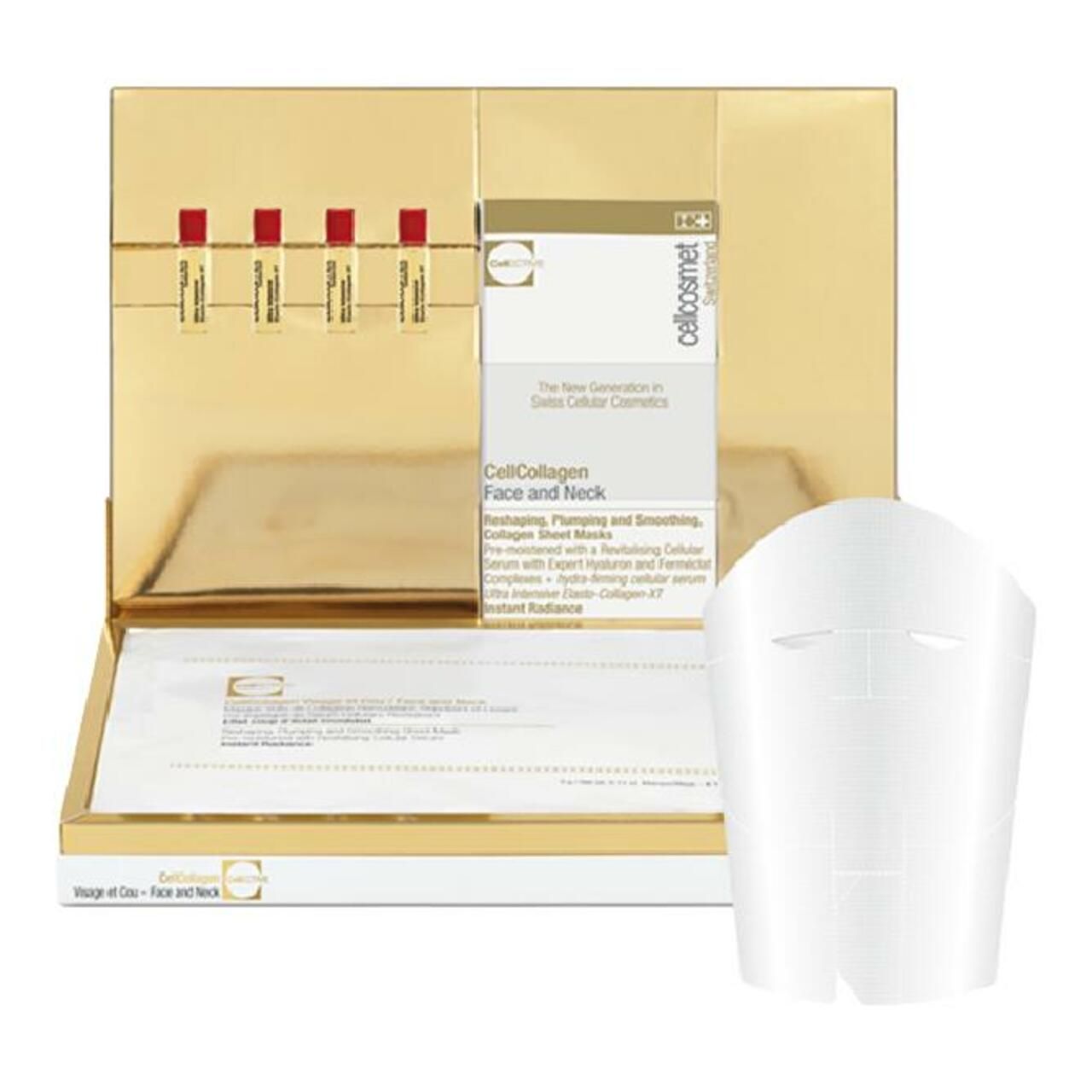 Cellcosmet CellEctive Face and Neck Mask. Goldene Verpackung, Maske, Ampullen und Produktbox mit Text. Swiss Cellular Cosmetics.