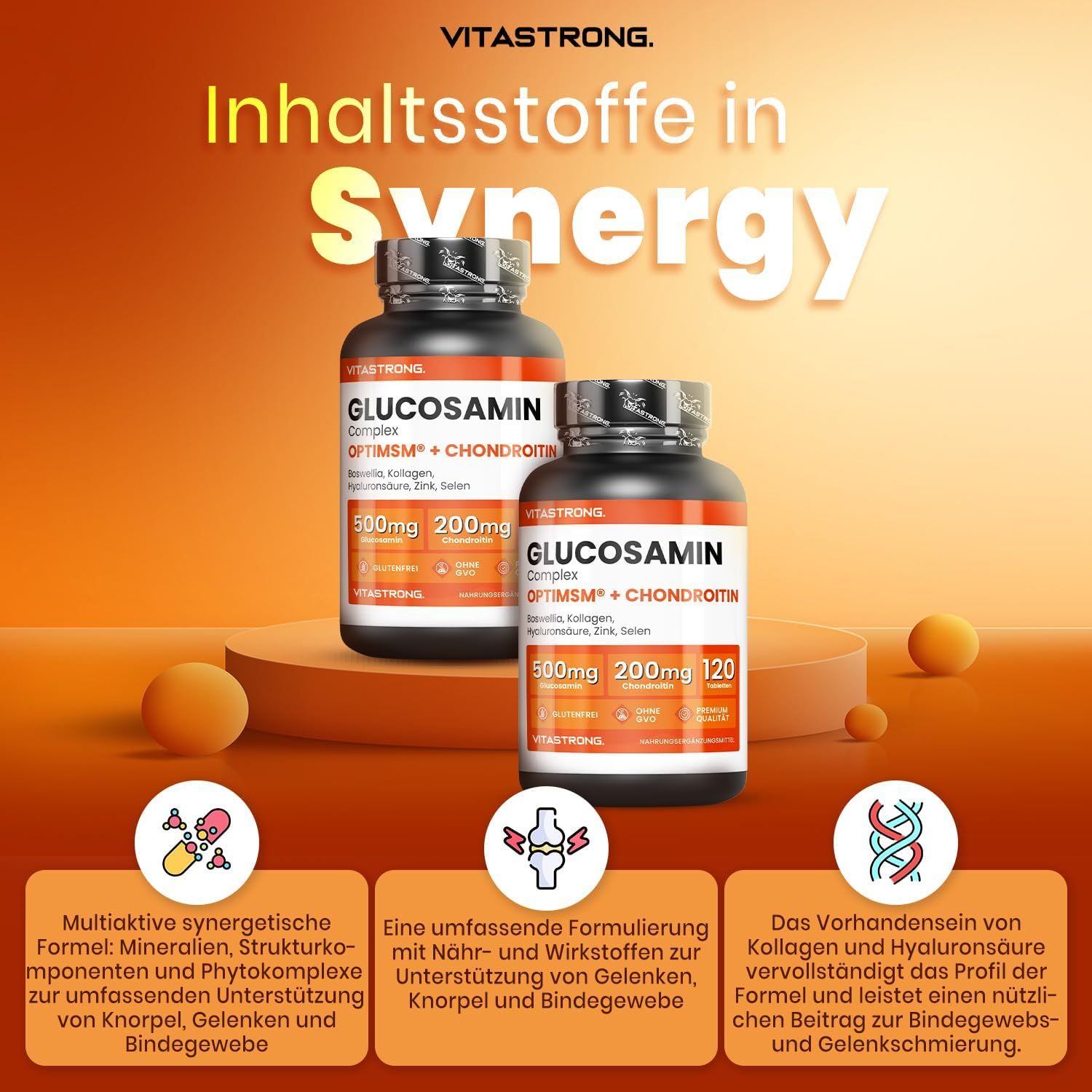 Vitastrong Glucosamin + Chondroitin. Zwei Flaschen. Text: Inhaltsstoffe in Synergie. Oranger Hintergrund.