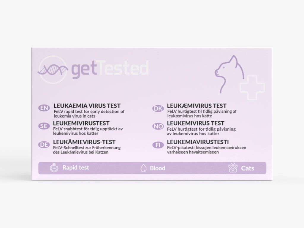 GetTested Leukämievirus-Test für Katzen. Lila Verpackung mit Produktnamen, Logo und Piktogrammen.