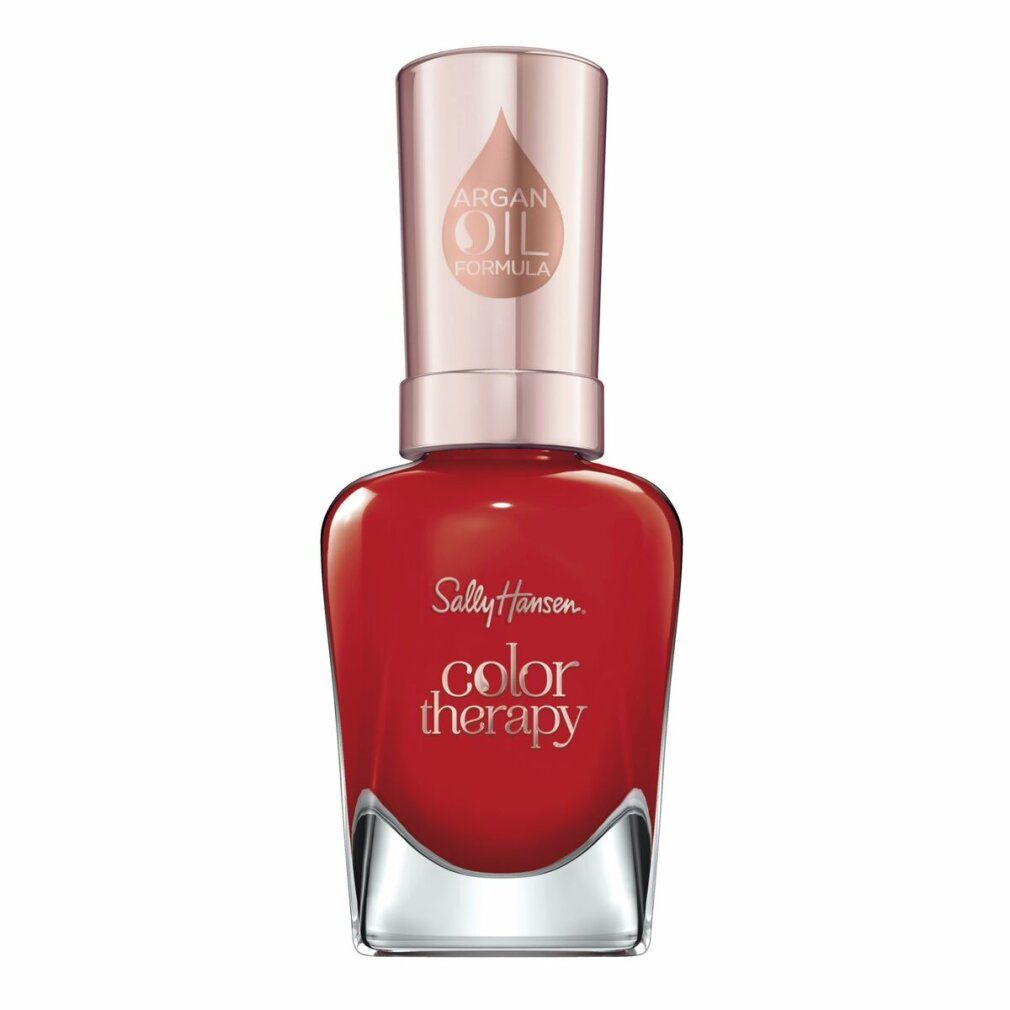 Roter Nagellackflakon. Aufschrift: Sally Hansen Color Therapy. Deckel mit Arganöl-Formel. Farbton: 340-Red-Iance.
