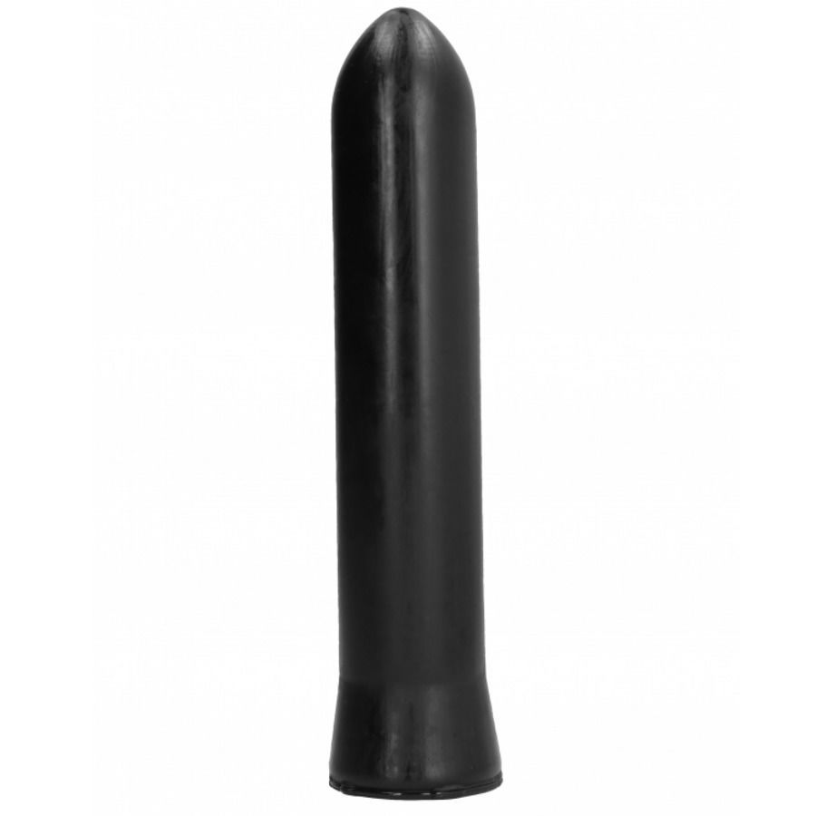 Schwarzer, zylindrischer Dildo mit abgerundeter Spitze. Glatte Oberfläche. Auf hellem Hintergrund.