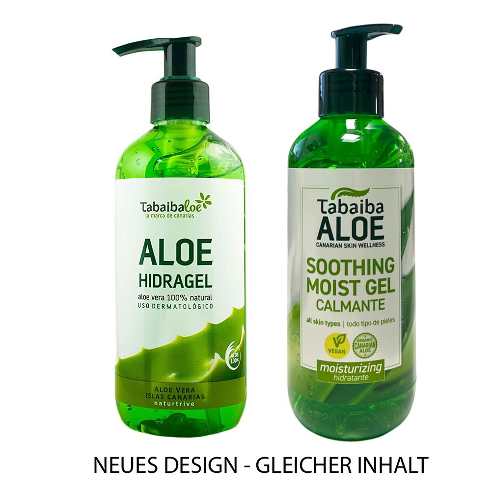 Zwei grüne Flaschen mit Pumpverschluss. Aufschrift: Aloe Hidragel und Aloe Soothing Moist Gel. Vegan-Siegel.
