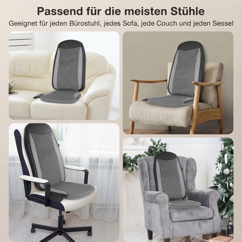 Vier Ansichten eines grauen Massagekissens, das auf verschiedenen Stühlen und Sofas platziert ist.