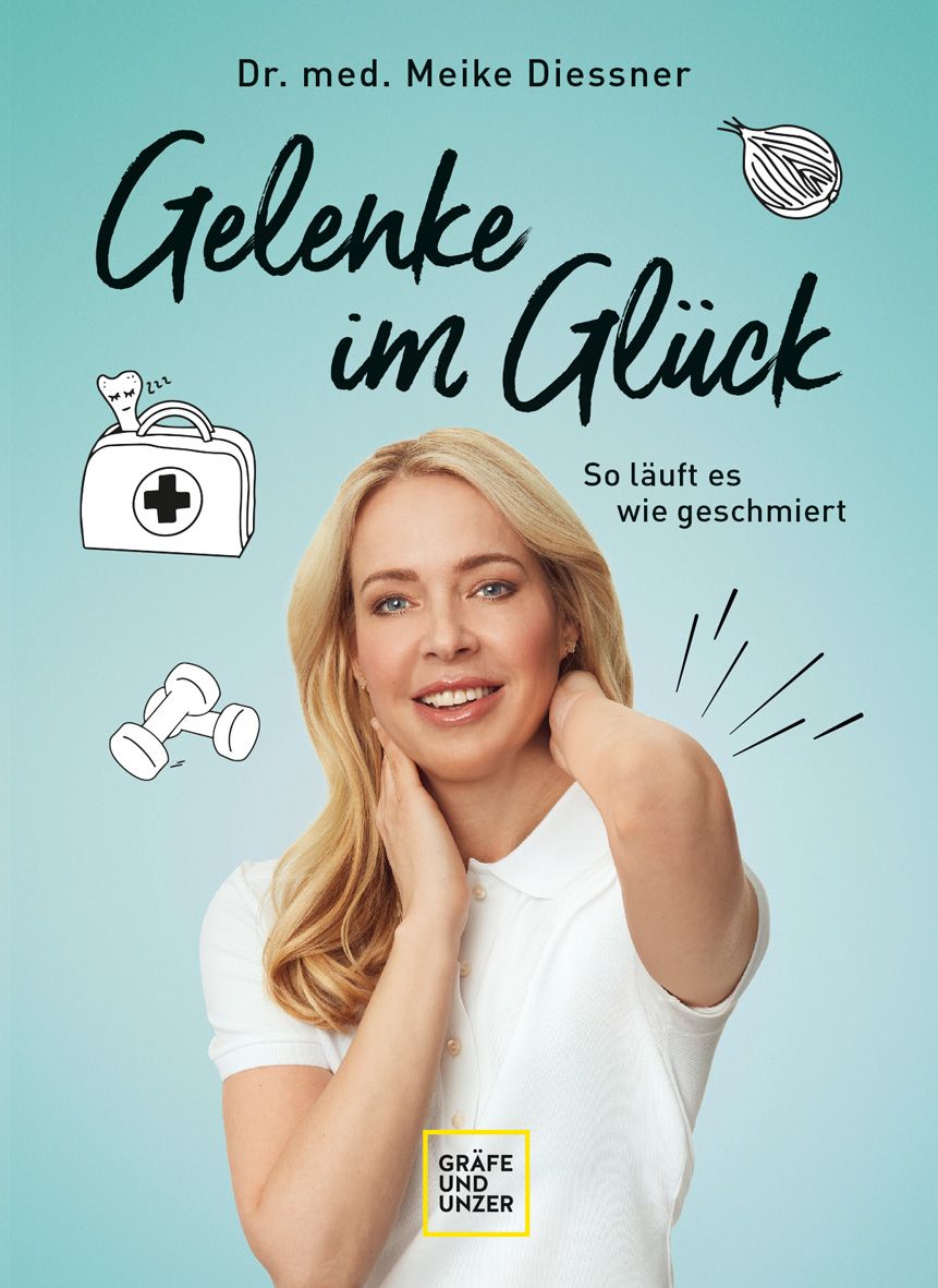 Buchcover mit Titel "Gelenke im Glück". Frau berührt Hals. Illustrationen: Erste-Hilfe-Kasten, Hanteln, Zwiebel. Verlag: Gräfe und Unzer.