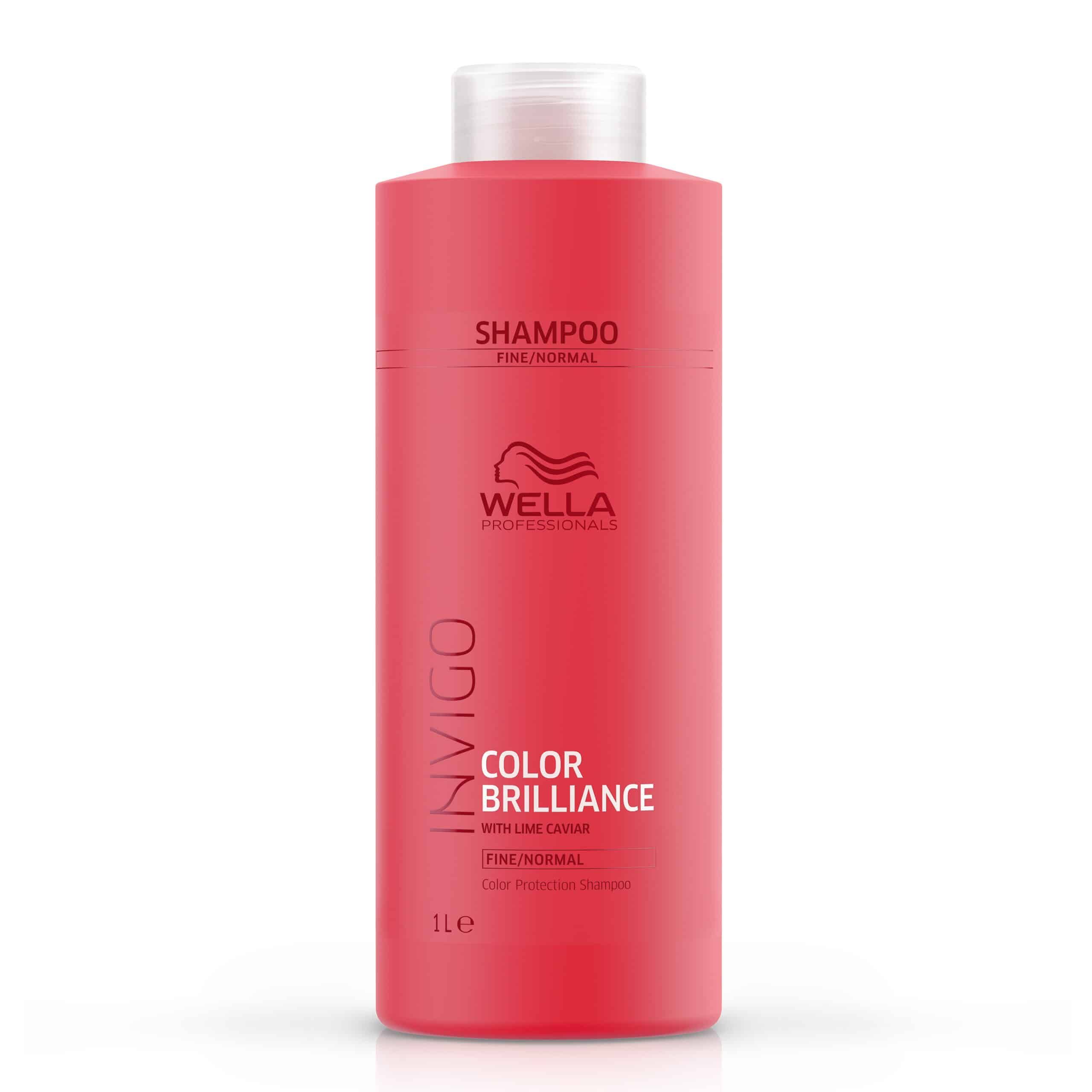 Rote Shampoo-Flasche. Oben: "SHAMPOO FINE/NORMAL". Logo: Wella Professionals. Unten: "INVIGO COLOR BRILLIANCE". 1 Liter.
