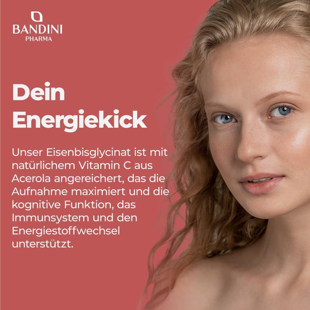 Porträt einer Frau mit blonden Haaren. Text: Dein Energiekick. Bandini Eisen-Bisglycinat Kapsel. Unterstützt kognitive Funktion, Immunsystem.