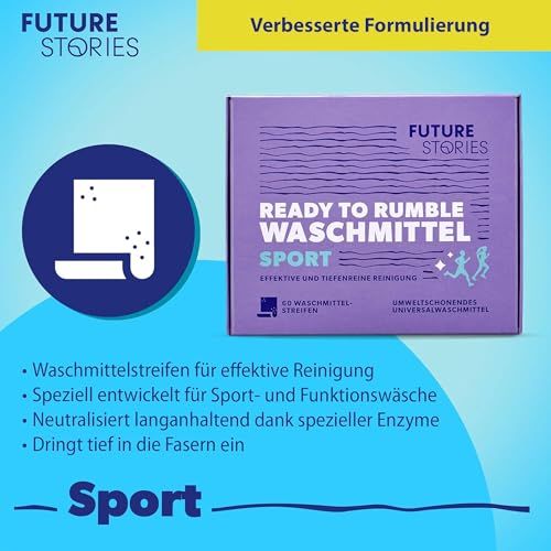 Box mit Waschmittelstreifen. Text: Dermatest-Siegel, Sport. Logo: Dermatest. Hintergrund: blau.
