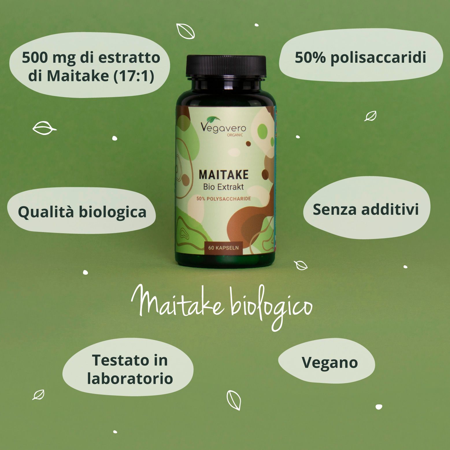 Flacone verde con tappo nero. Scritta: Maitake Bio Extrakt, 50% polisaccaridi, 60 capsule. Loghi: Qualità biologica, testato in laboratorio, vegano.