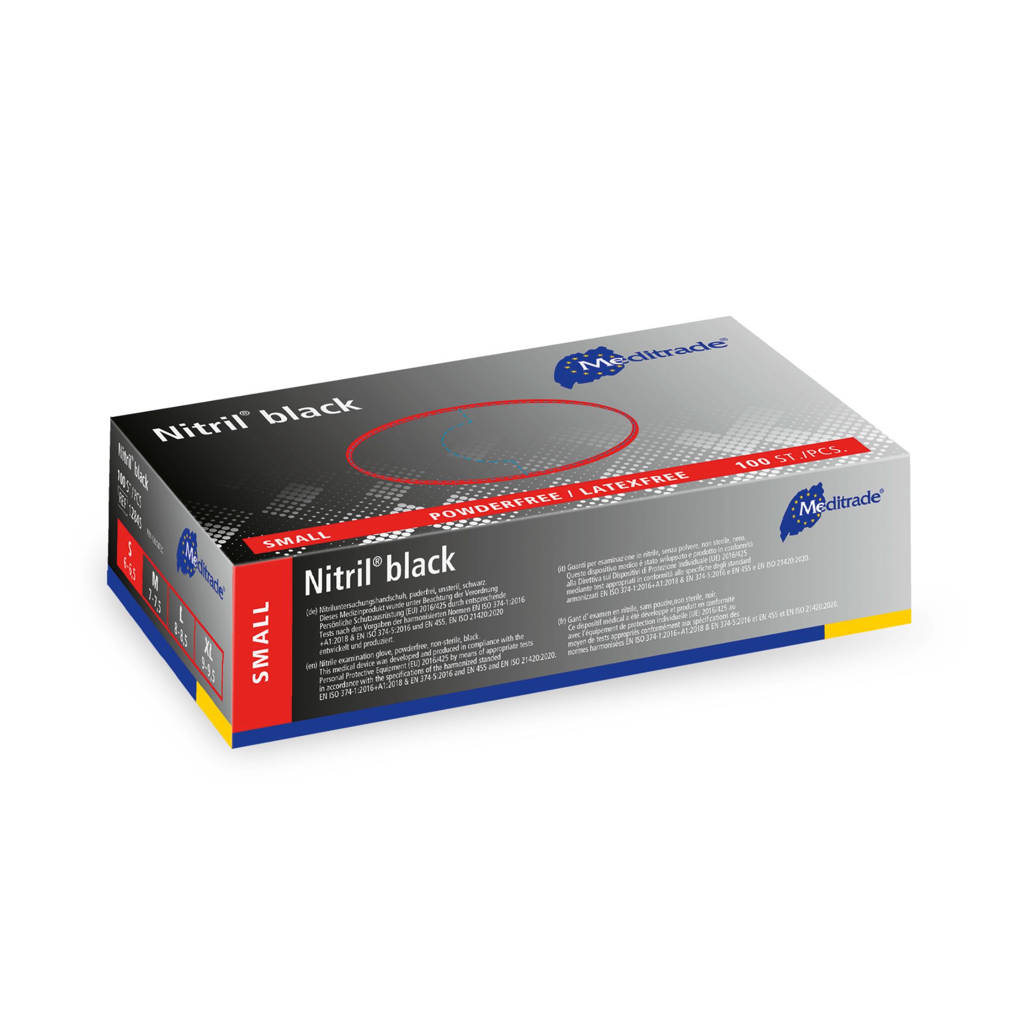 Schachtel mit schwarzen Nitril-Handschuhen. Aufschrift: Nitril black, SMALL, 100 ST./PCS. Marke: Meditrade.