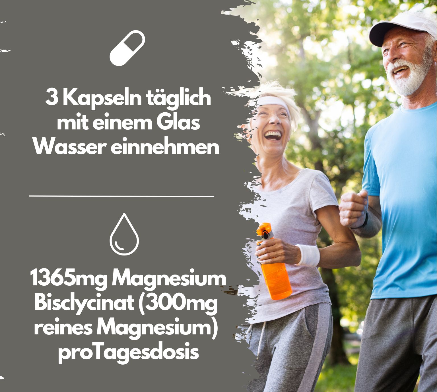Älteres Paar beim Joggen. Text: 3 Kapseln täglich mit Wasser. 1365mg Magnesium Bisglycinat pro Tagesdosis.