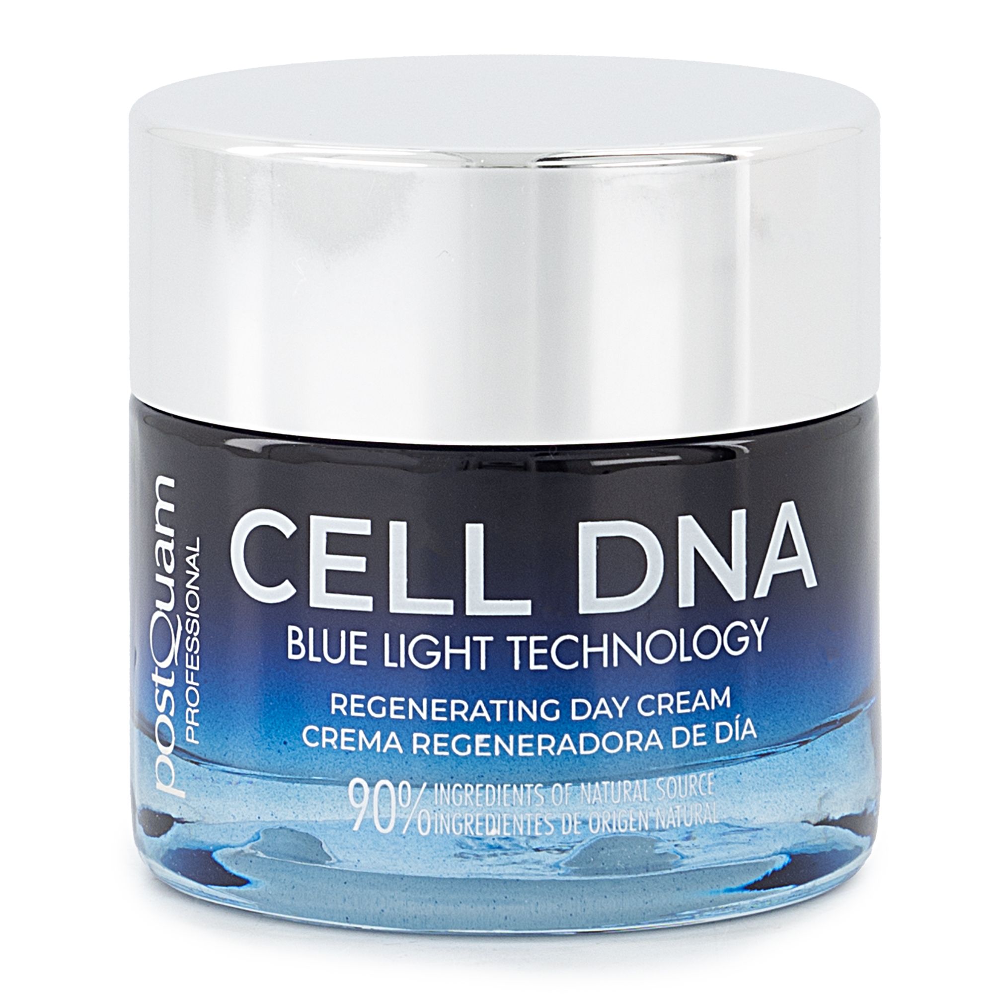 Postquam Cell DNA Tagescreme. Blaue Glasdose mit silbernem Deckel. Aufschrift: CELL DNA, Blue Light Technology, Regenerating Day Cream.