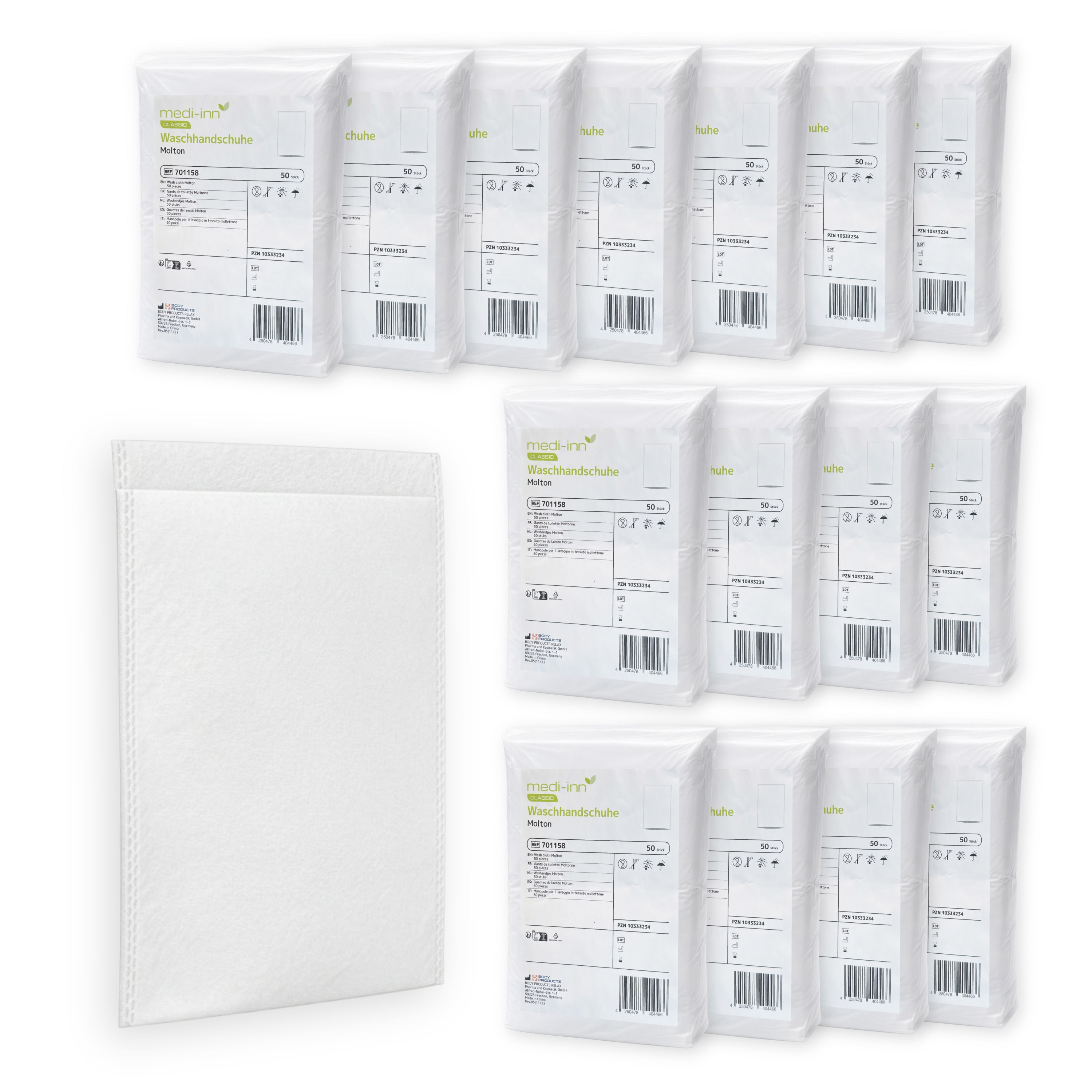 Verpackung mit Waschhandschuhen. Einzelne Handschuhe und Packungen mit mehreren Handschuhen. Marke: medi-inn.