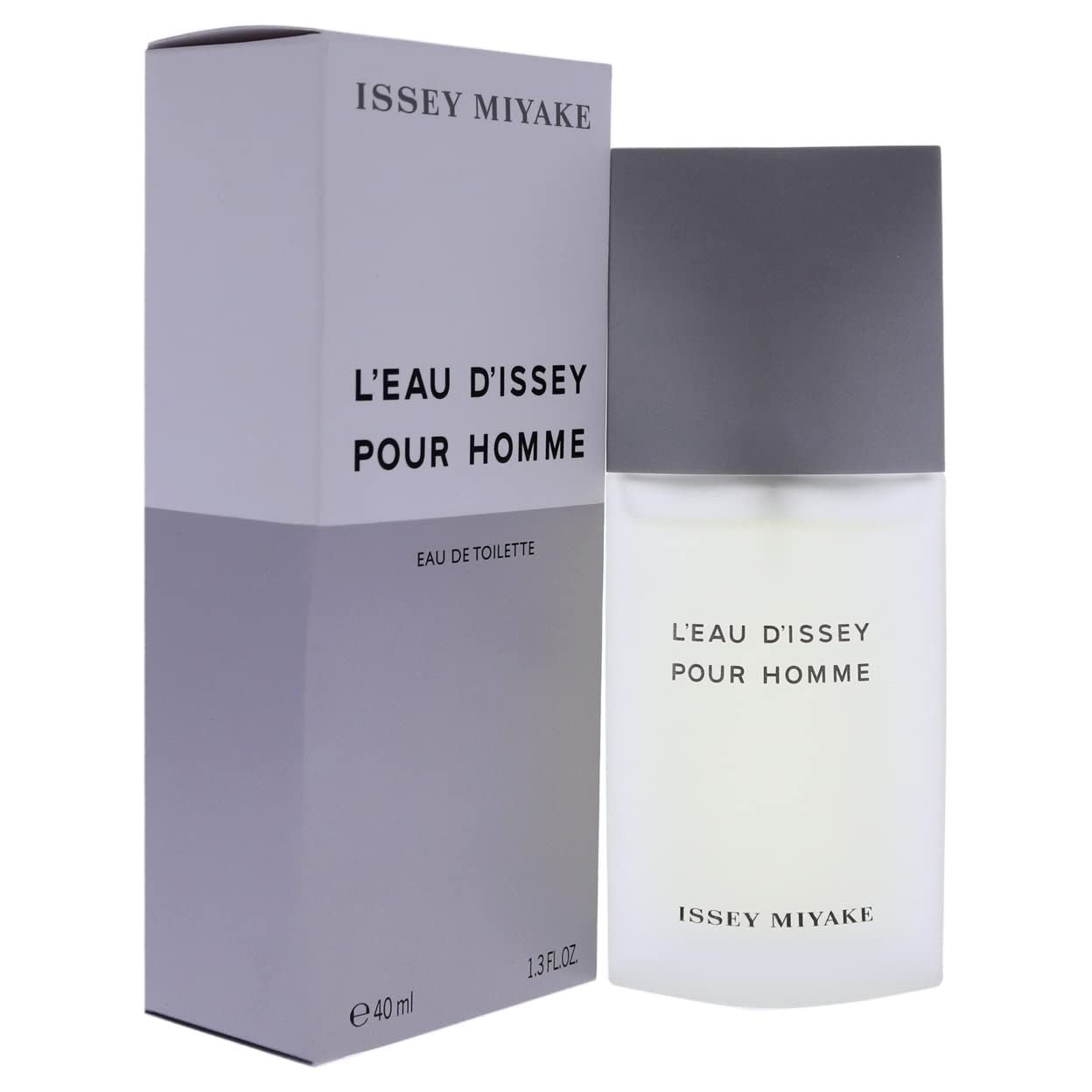 Flakon und Verpackung. Flakon rechteckig mit grauem Deckel. Verpackung weiß-lila. Aufschrift: L'EAU D'ISSEY POUR HOMME und ISSEY MIYAKE.