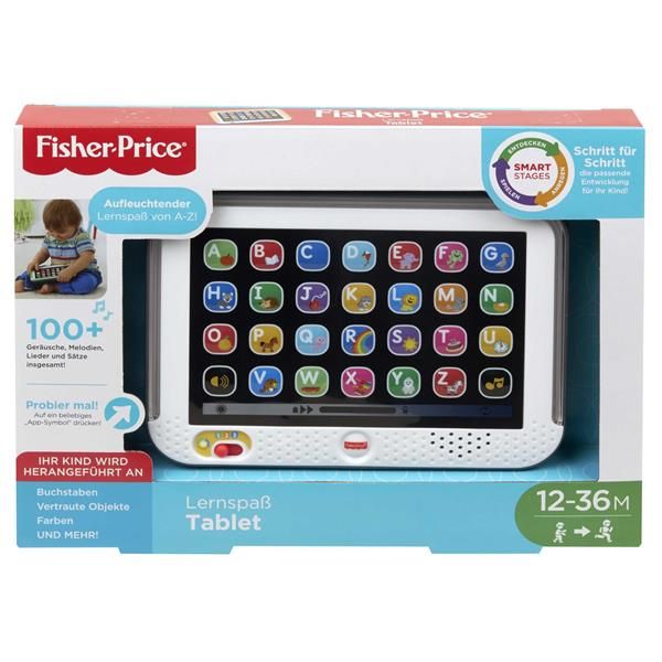 Fisher-Price Lernspaß Tablet in Verpackung. Weißes Tablet mit Buchstaben, Farben und Objekten. Altersempfehlung: 12-36 Monate.