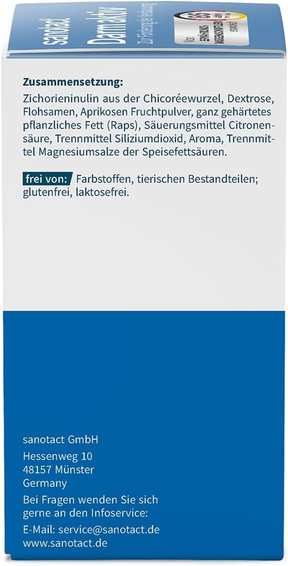 Sanotact Darm aktiv Kautabletten. Weiße Verpackung mit blauem Bereich. Auflistung der Inhaltsstoffe und Kontaktinformationen.