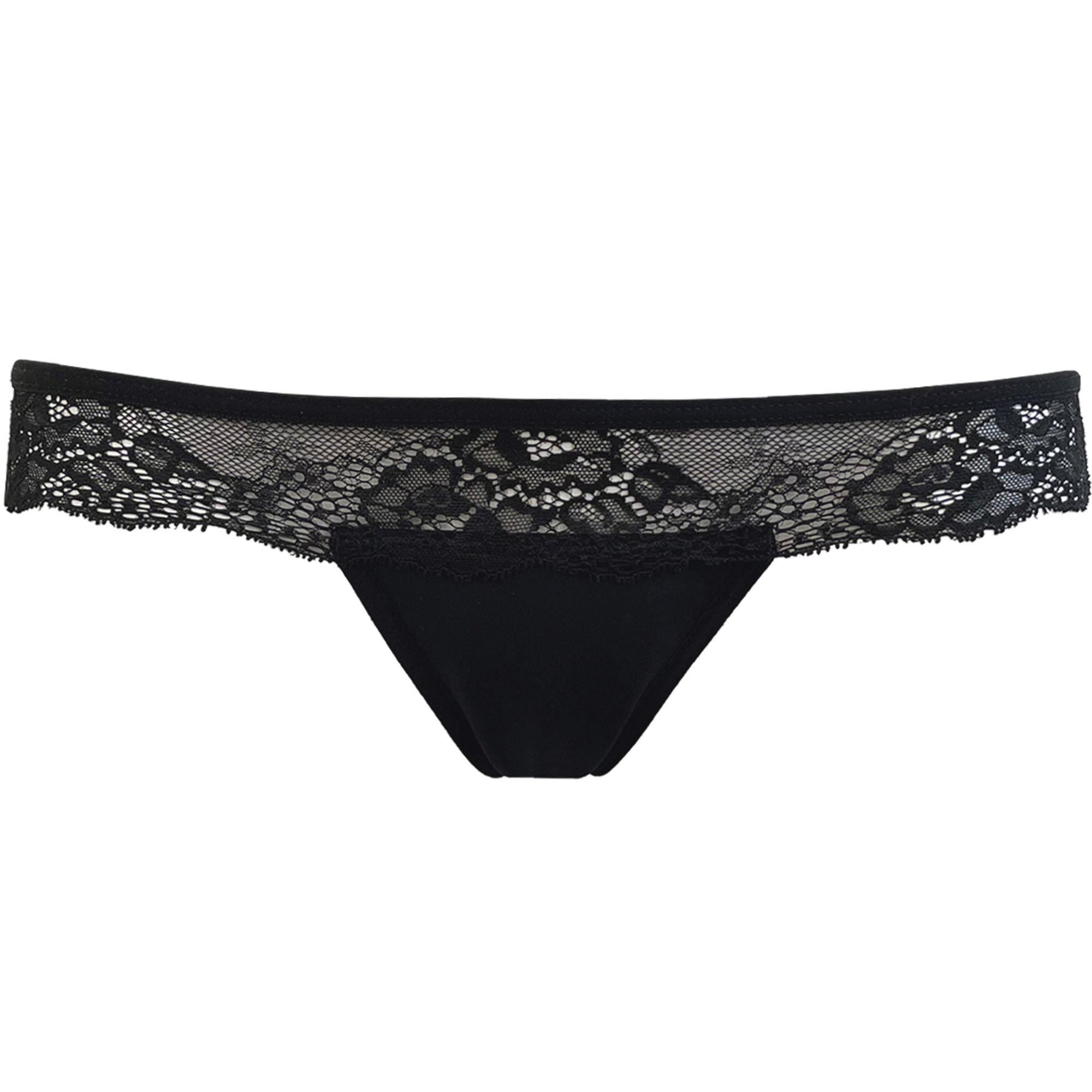 Schwarzer Brasiliana-Slip mit Spitze am Bund. Blick von vorne.