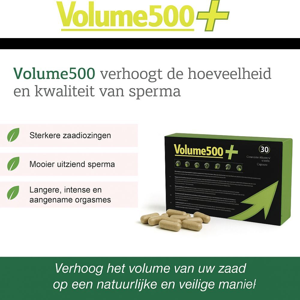 Doosje "Volume500+" met capsules. Tekst: "Volume500 verhoogt hoeveelheid en kwaliteit van sperma".