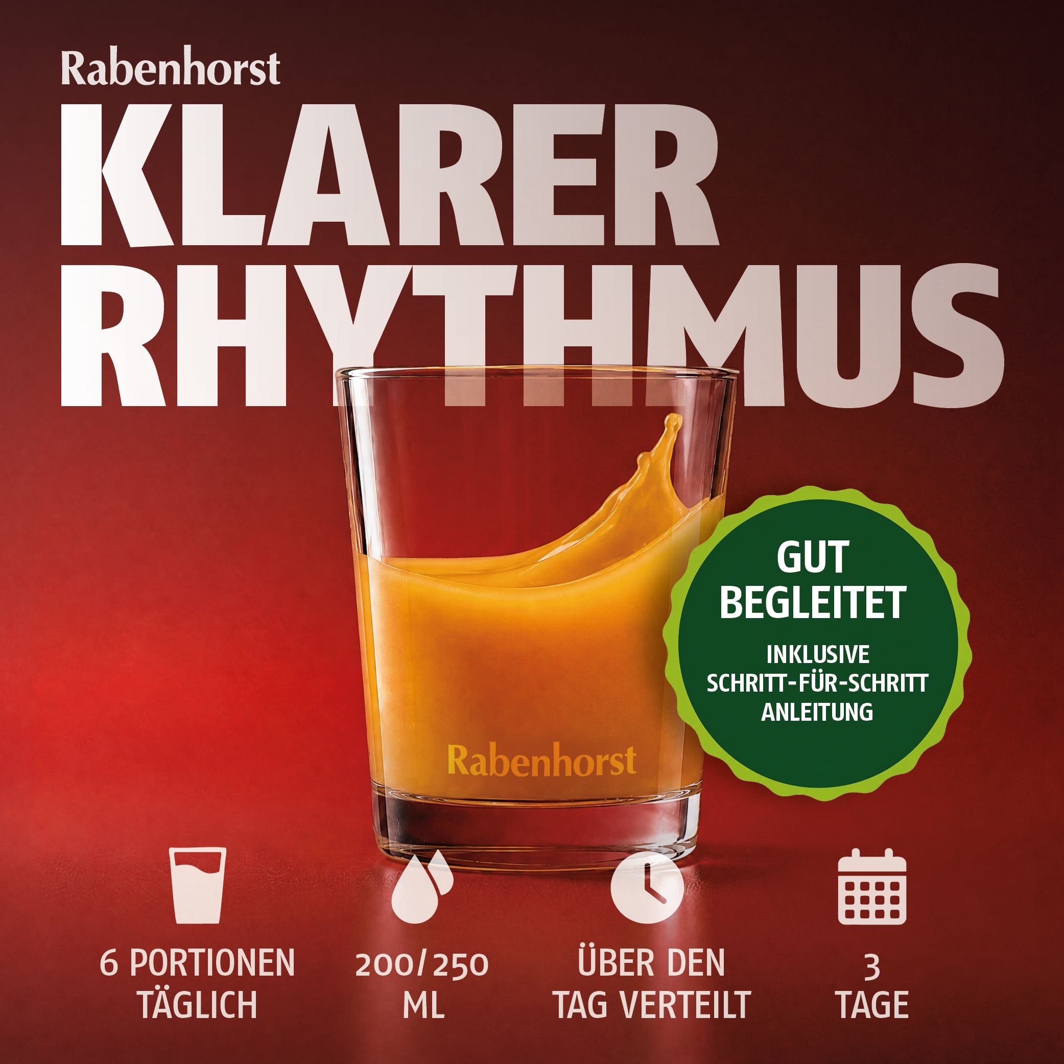 Rabenhorst 11 Plus 11 Obst & Gemüse Saft in Flasche und Glas, mit verschiedenen Früchten und Gemüse.